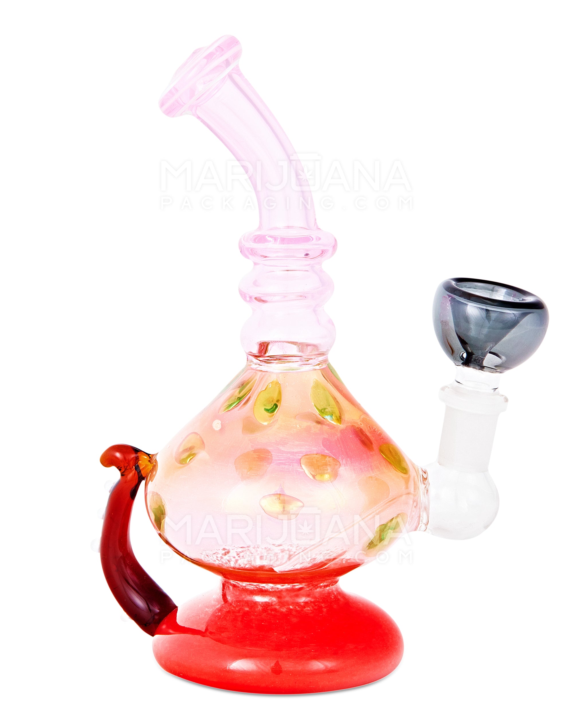 Bent Neck Inline Perc Frit & Fumed Glass Mushroom Water Pipe w/ Handle | 8in Tall - 14mm Bowl - Assorted - 5