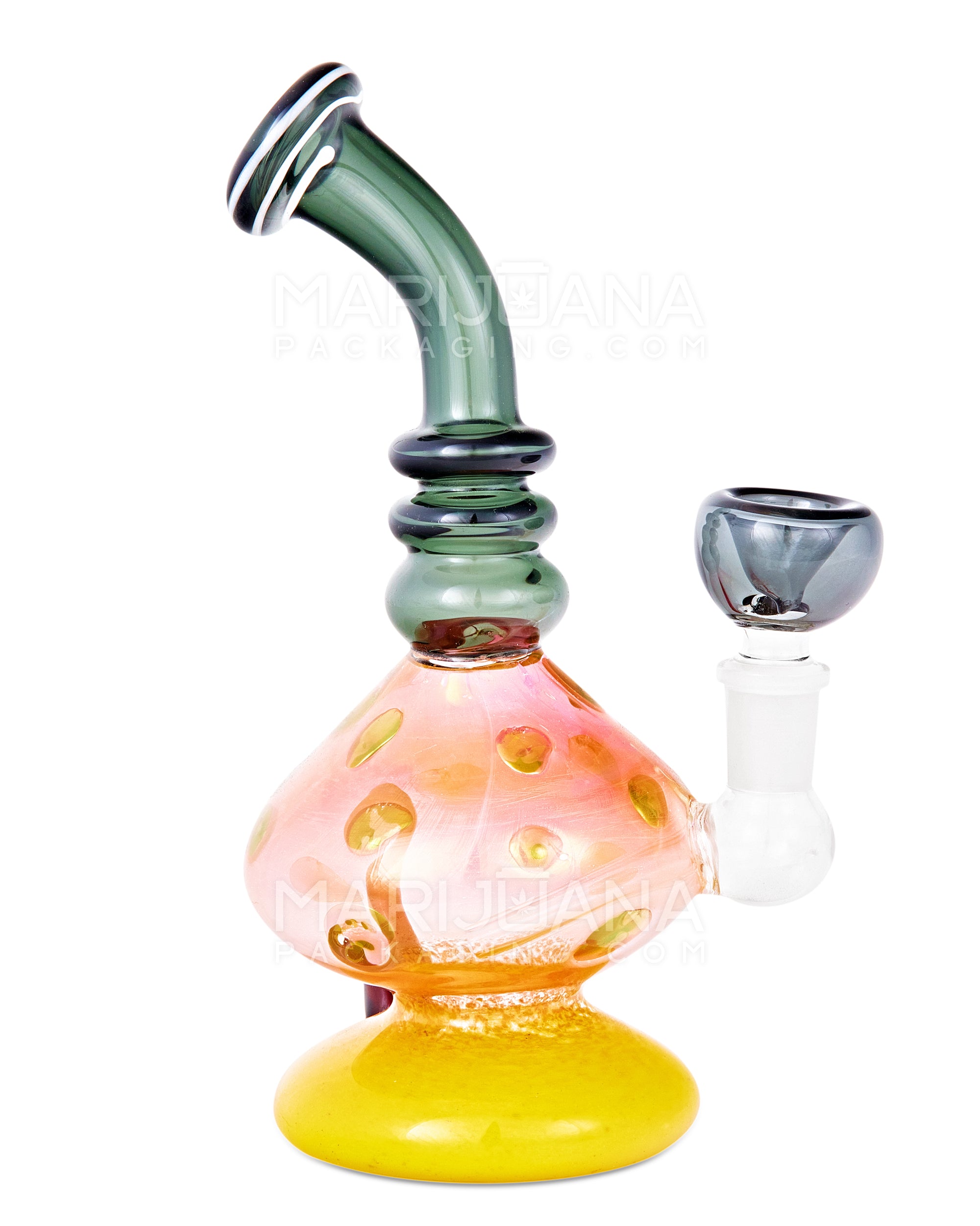 Bent Neck Inline Perc Frit & Fumed Glass Mushroom Water Pipe w/ Handle | 8in Tall - 14mm Bowl - Assorted - 6