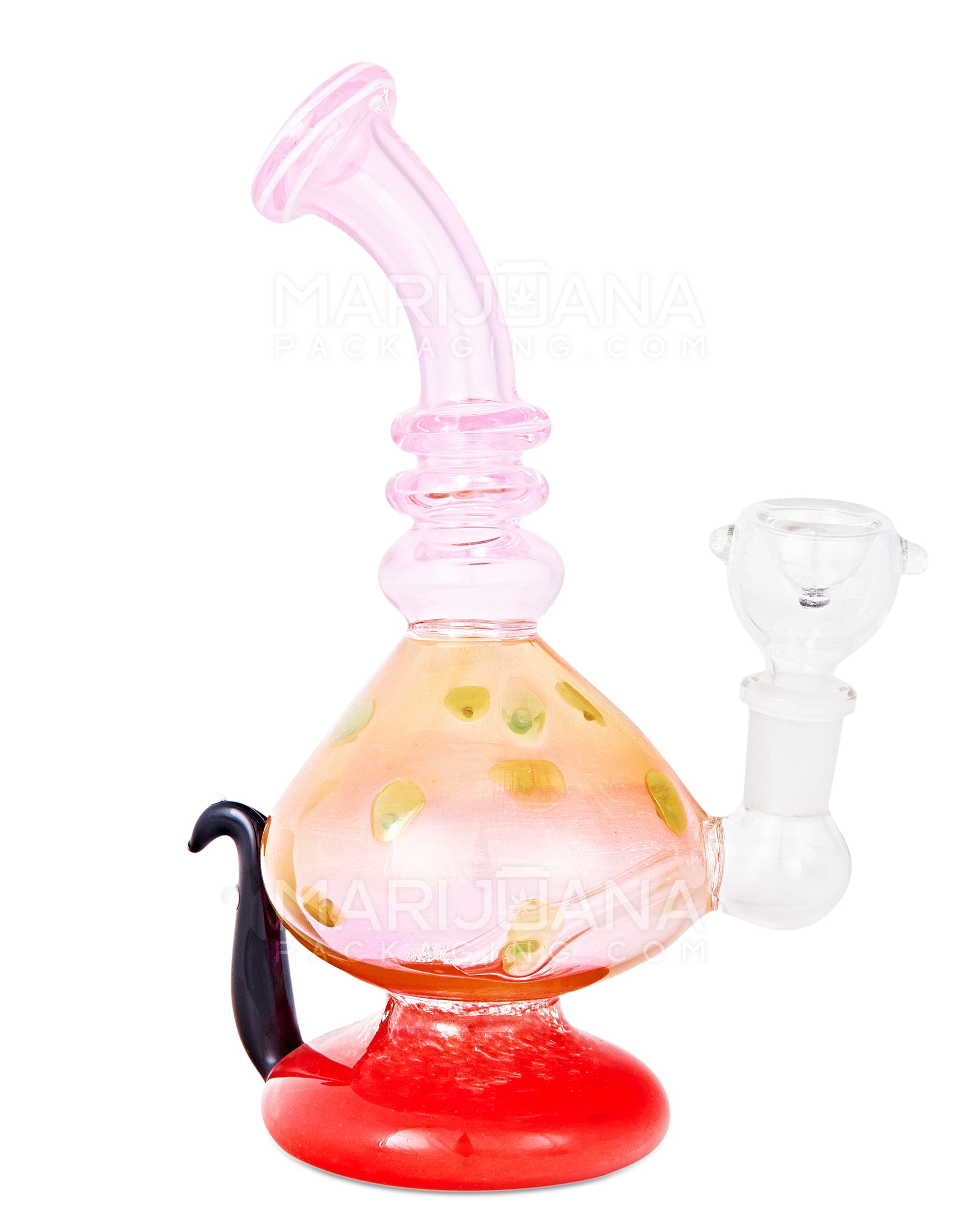 Bent Neck Inline Perc Frit & Fumed Glass Mushroom Water Pipe w/ Handle | 8in Tall - 14mm Bowl - Assorted - 7