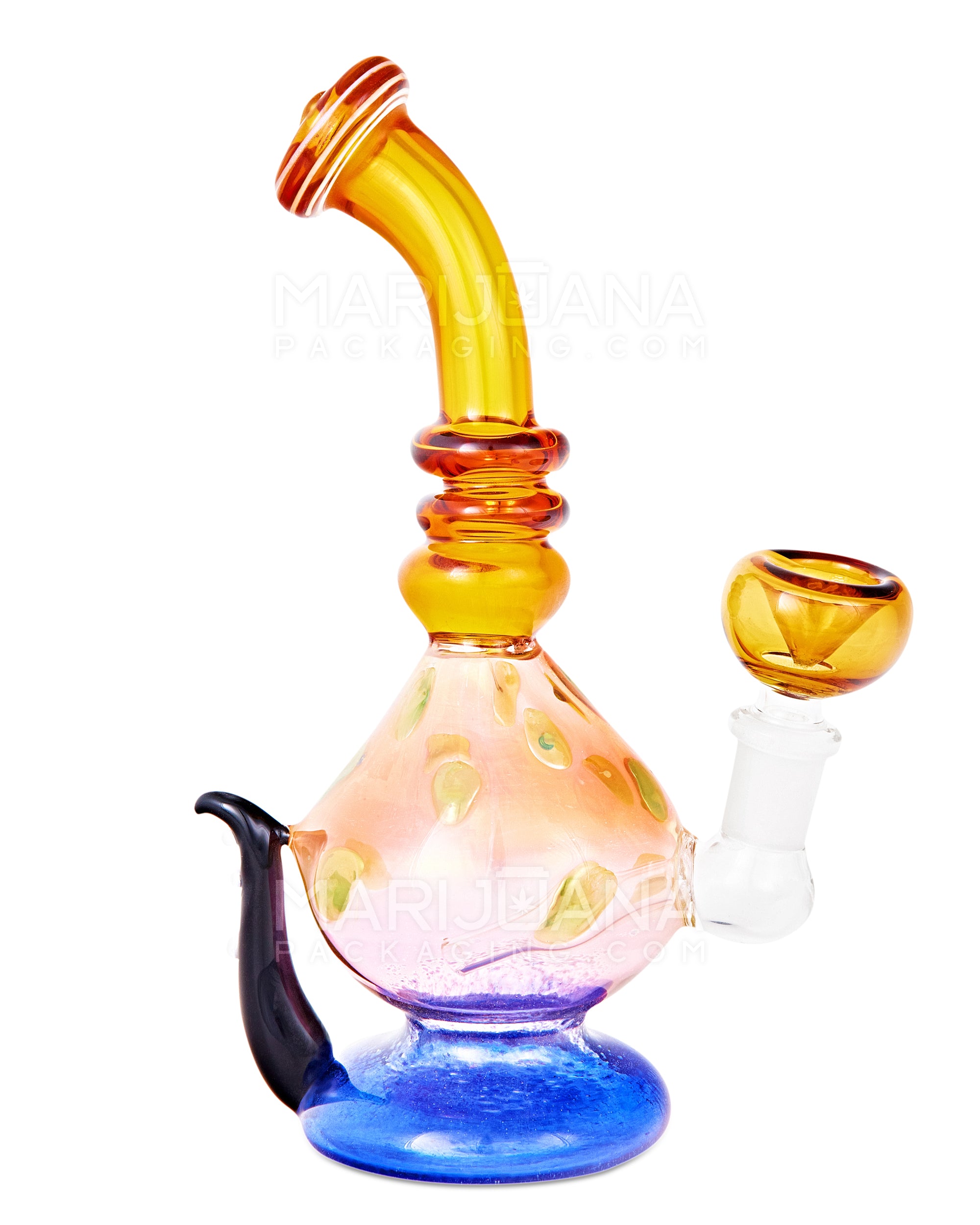 Bent Neck Inline Perc Frit & Fumed Glass Mushroom Water Pipe w/ Handle | 8in Tall - 14mm Bowl - Assorted - 8
