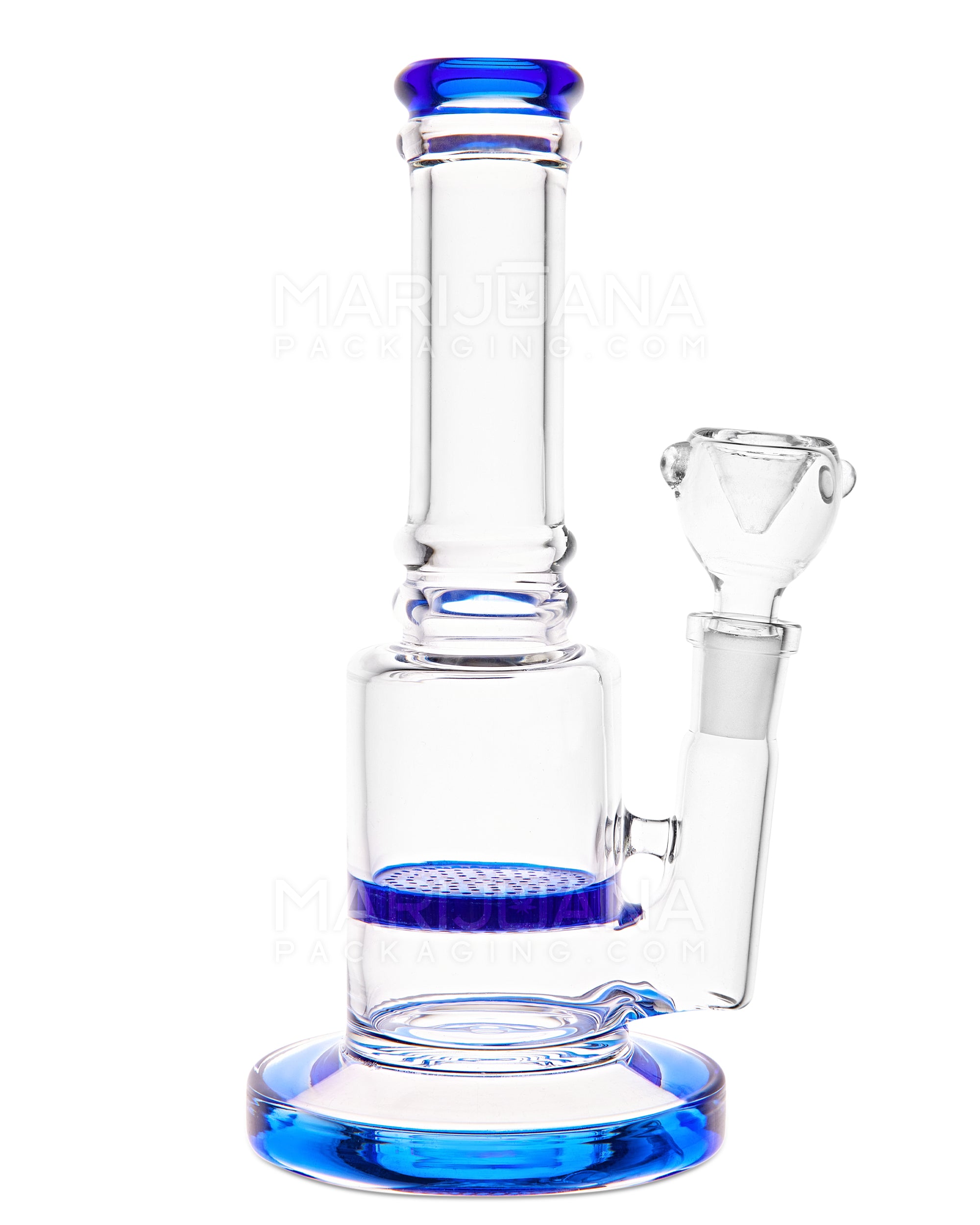Straight Neck Honeycomb Perc Glass Water Pipe w/ Thick Base | 7.5in Tall - 14mm Bowl - Blue - 1
