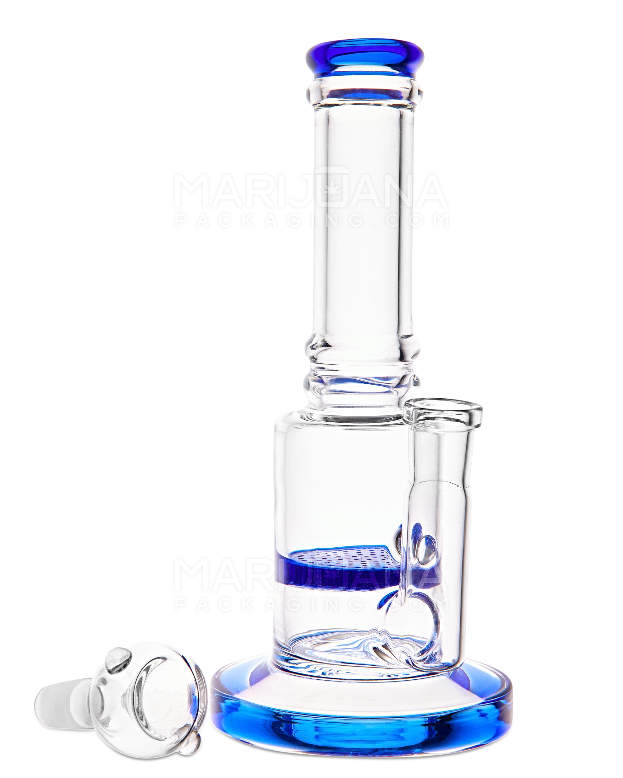 Straight Neck Honeycomb Perc Glass Water Pipe w/ Thick Base | 7.5in Tall - 14mm Bowl - Blue - 2
