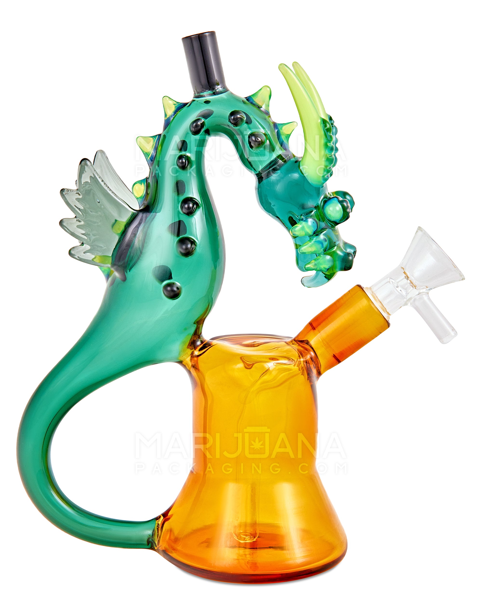 Heady | USA Glass Winged & Horned Glass Dragon Water Pipe w/ Multi Knockers | 7.5in Tall - 14mm Bowl - Teal & Amber - 1