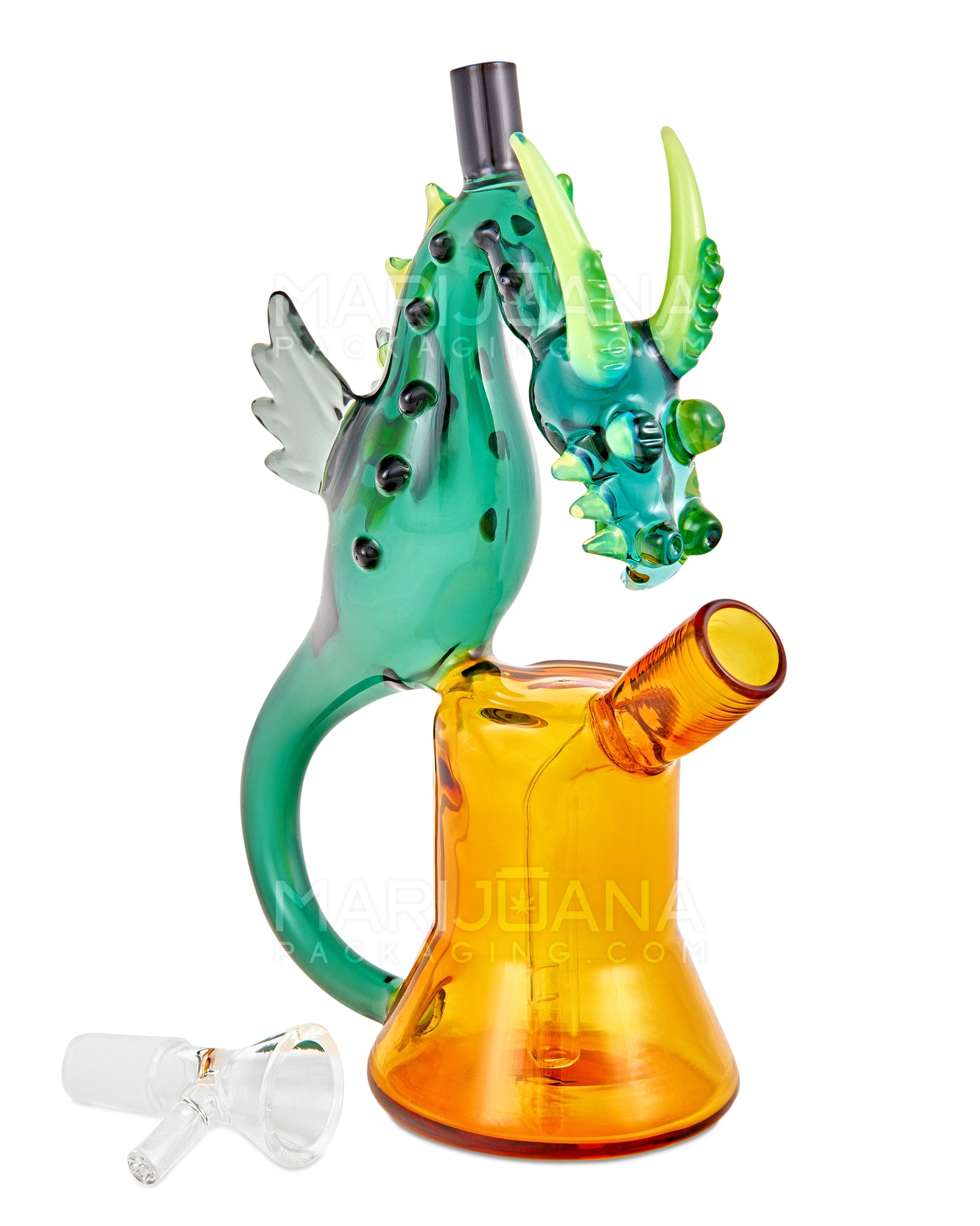 Heady | USA Glass Winged & Horned Glass Dragon Water Pipe w/ Multi Knockers | 7.5in Tall - 14mm Bowl - Teal & Amber - 2