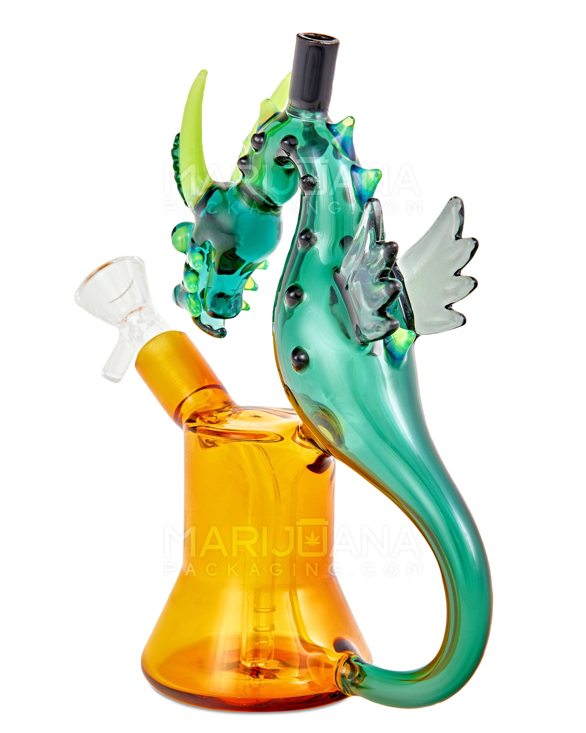 Heady | USA Glass Winged & Horned Glass Dragon Water Pipe w/ Multi Knockers | 7.5in Tall - 14mm Bowl - Teal & Amber - 3