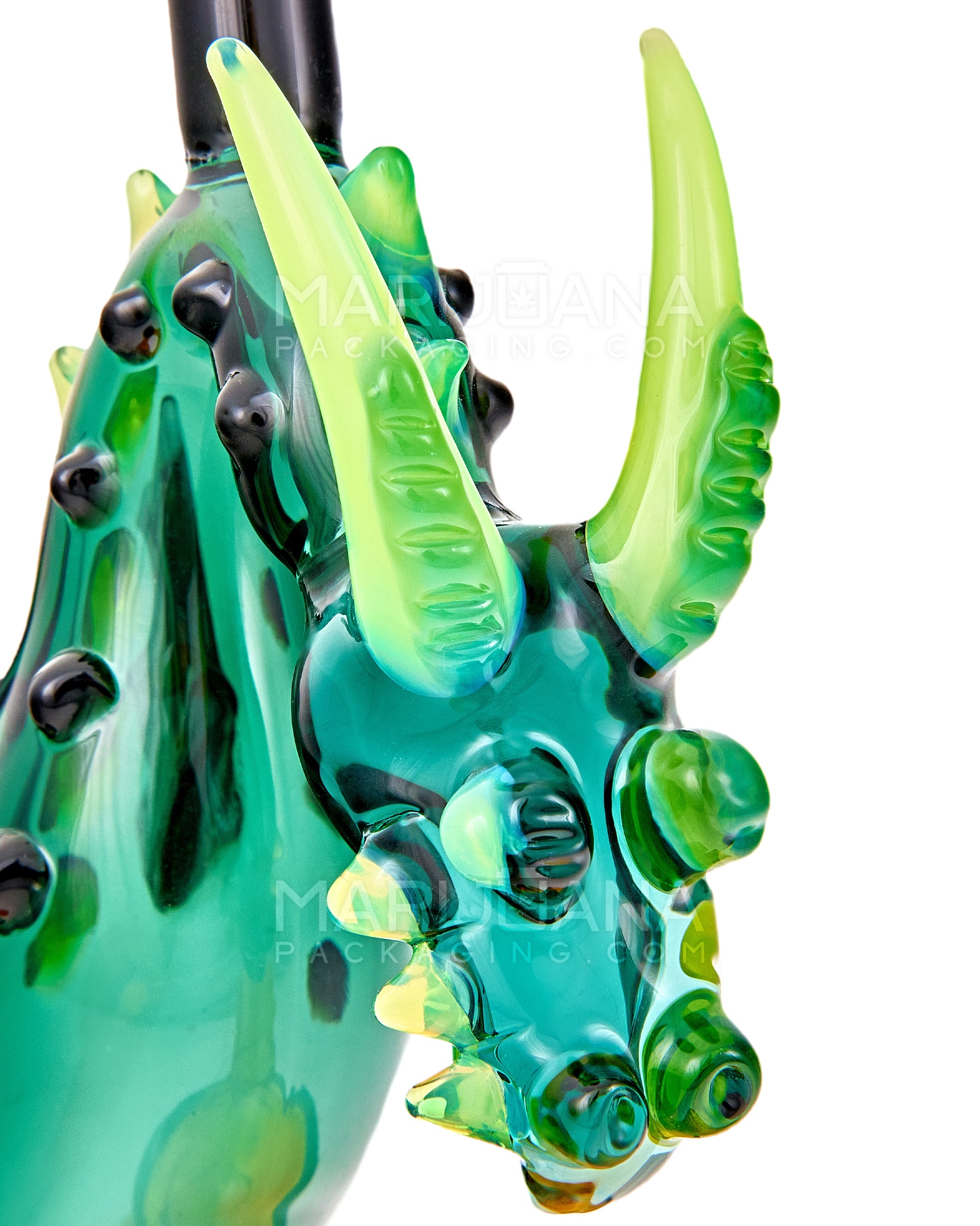 Heady | USA Glass Winged & Horned Glass Dragon Water Pipe w/ Multi Knockers | 7.5in Tall - 14mm Bowl - Teal & Amber - 4