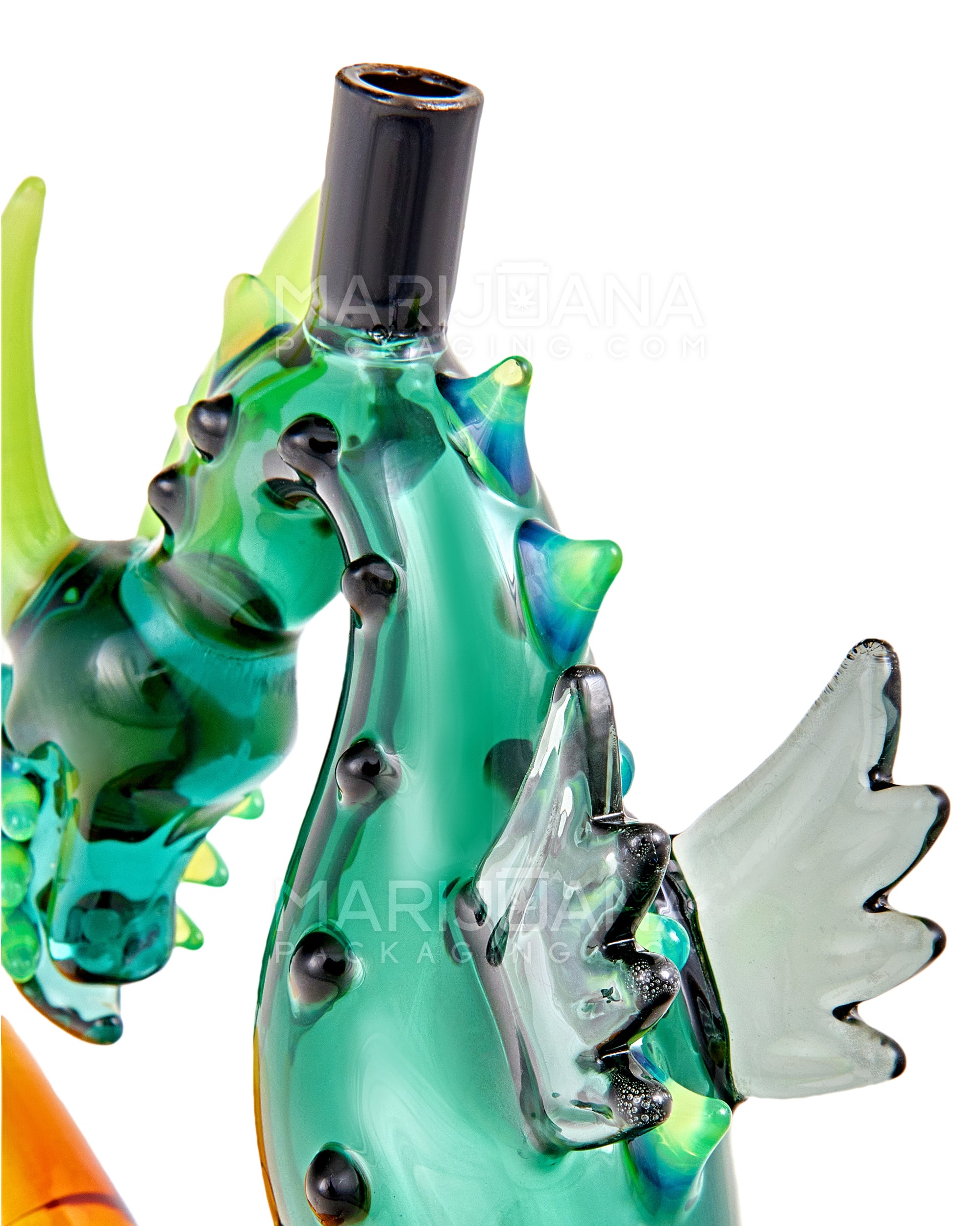 Heady | USA Glass Winged & Horned Glass Dragon Water Pipe w/ Multi Knockers | 7.5in Tall - 14mm Bowl - Teal & Amber - 5