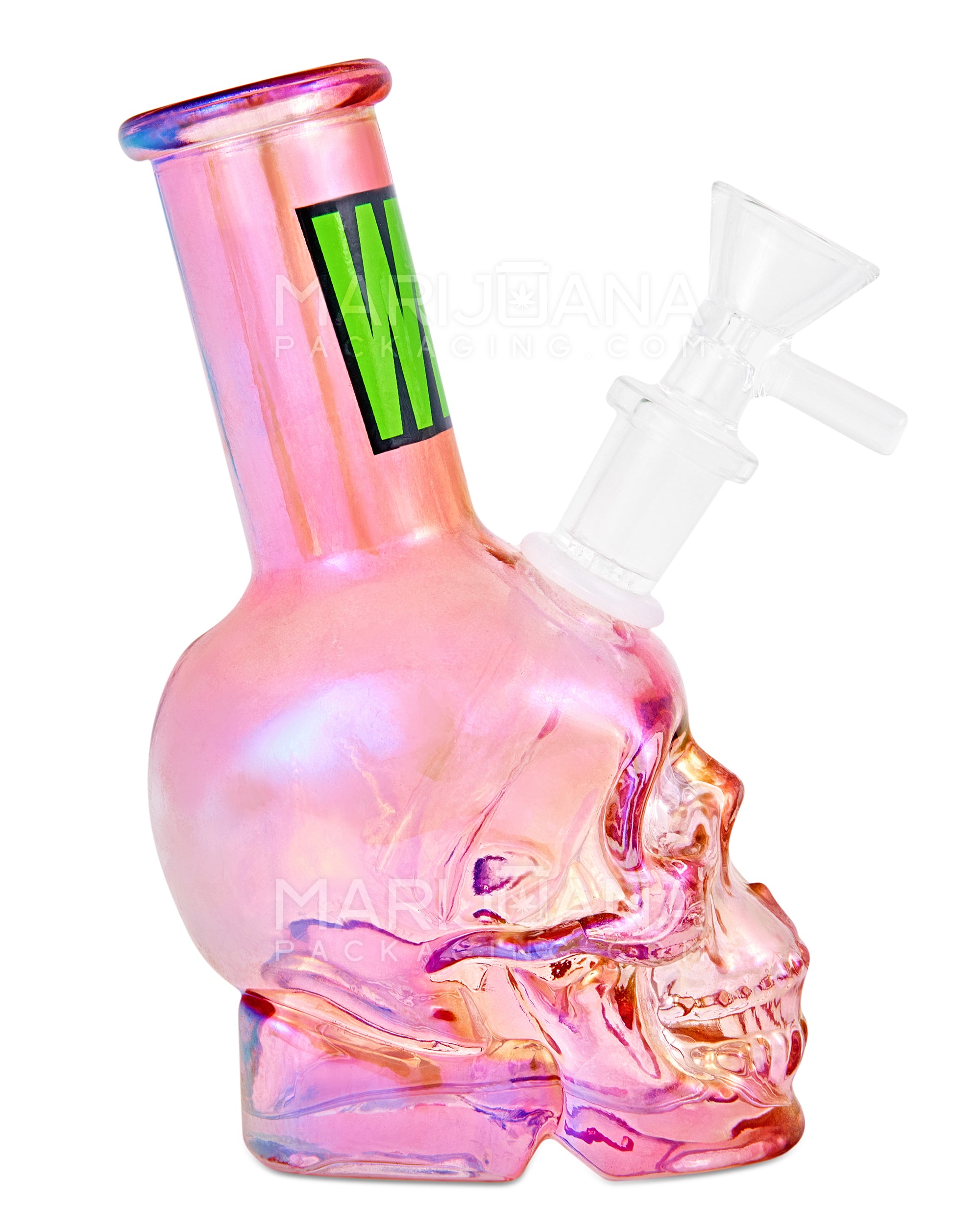 Angled Neck Crystal Skull Head Decal Glass Water Pipe | 6in Tall - 14mm Bowl - Assorted - 1