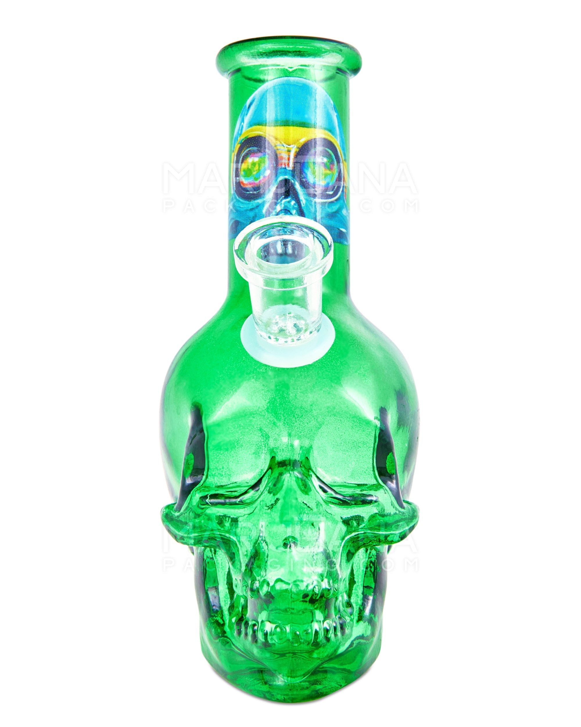Angled Neck Crystal Skull Head Decal Glass Water Pipe | 6in Tall - 14mm Bowl - Assorted - 9