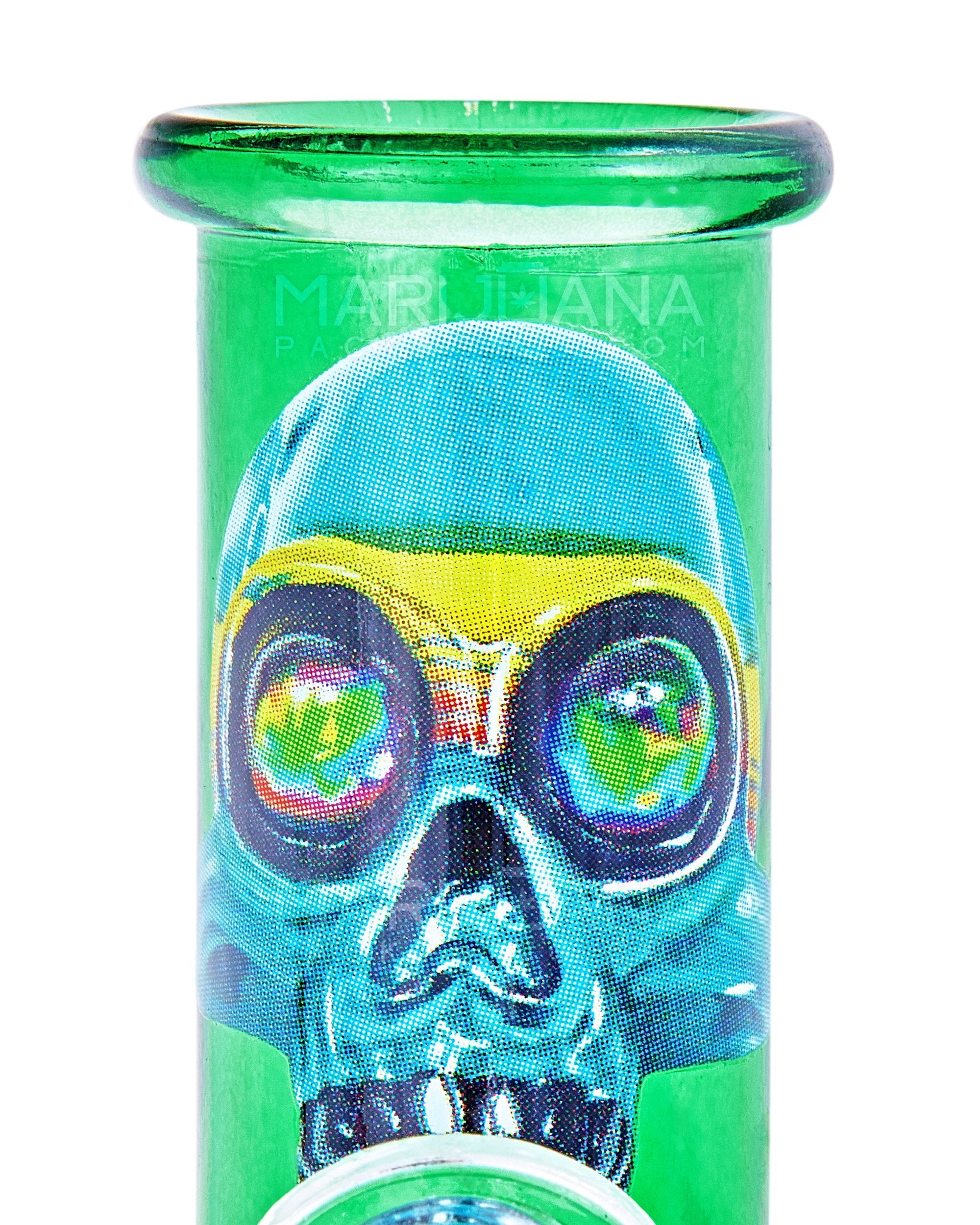 Angled Neck Crystal Skull Head Decal Glass Water Pipe | 6in Tall - 14mm Bowl - Assorted - 11