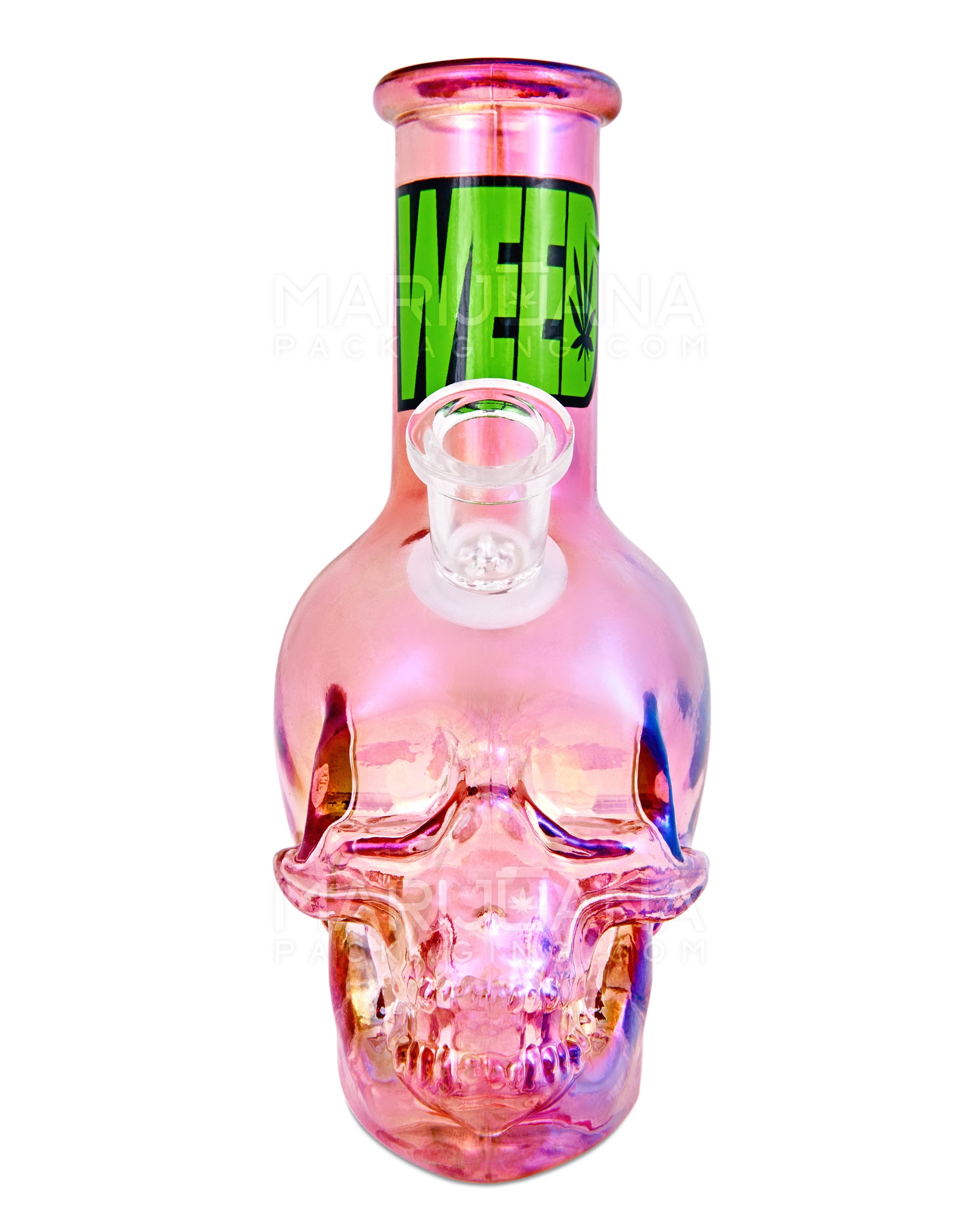 Angled Neck Crystal Skull Head Decal Glass Water Pipe | 6in Tall - 14mm Bowl - Assorted - 3
