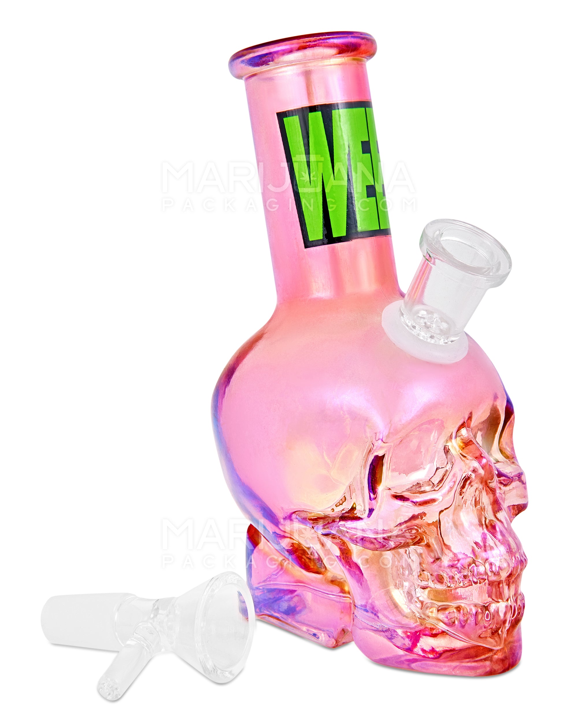 Angled Neck Crystal Skull Head Decal Glass Water Pipe | 6in Tall - 14mm Bowl - Assorted - 4