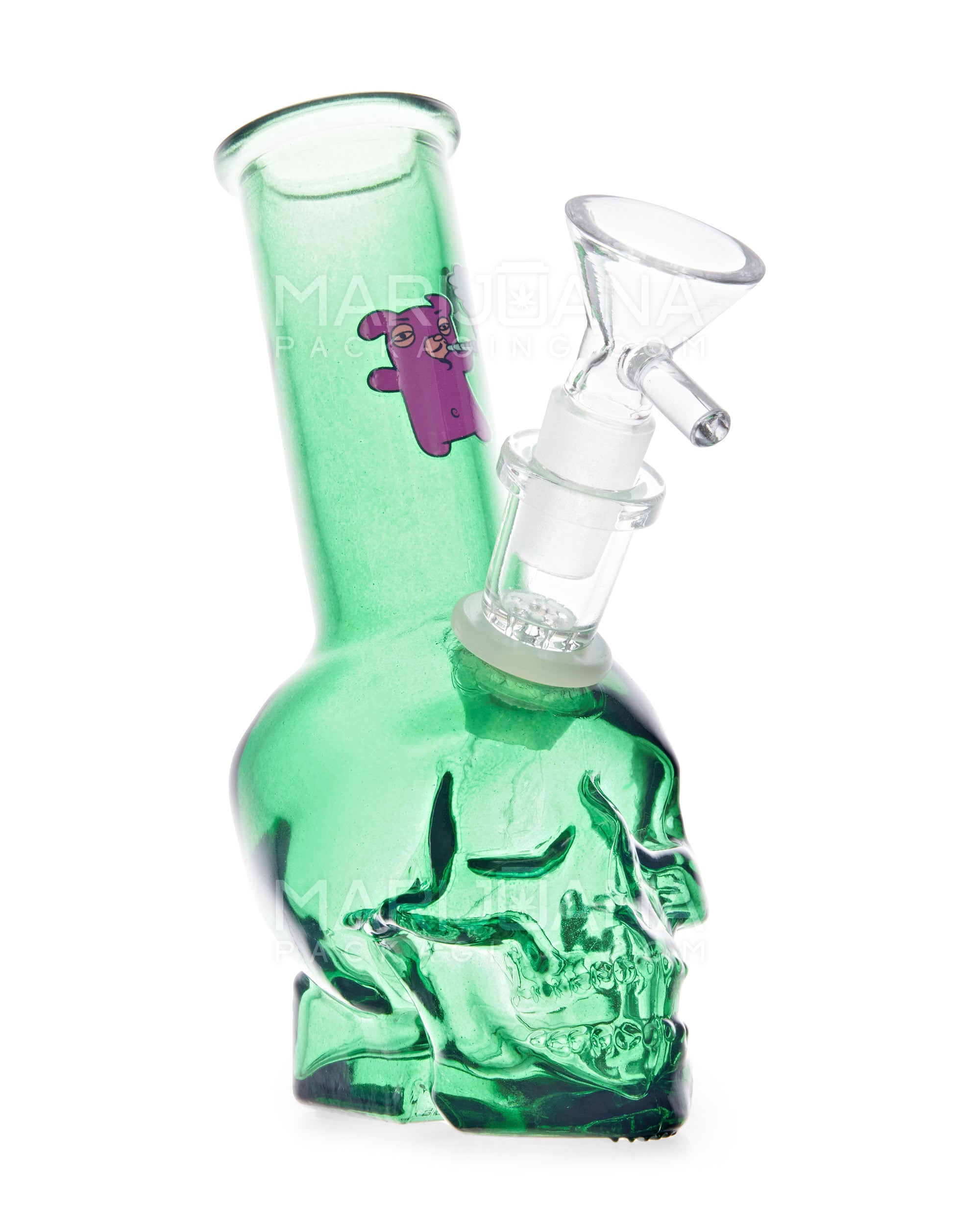 Angled Neck Crystal Skull Head Decal Glass Water Pipe | 6in Tall - 14mm Bowl - Assorted
