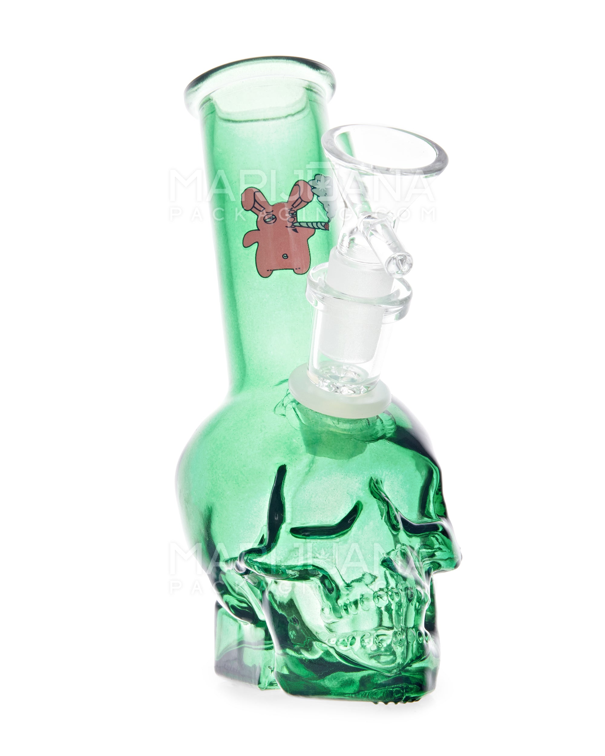 Angled Neck Crystal Skull Head Decal Glass Water Pipe | 6in Tall - 14mm Bowl - Assorted