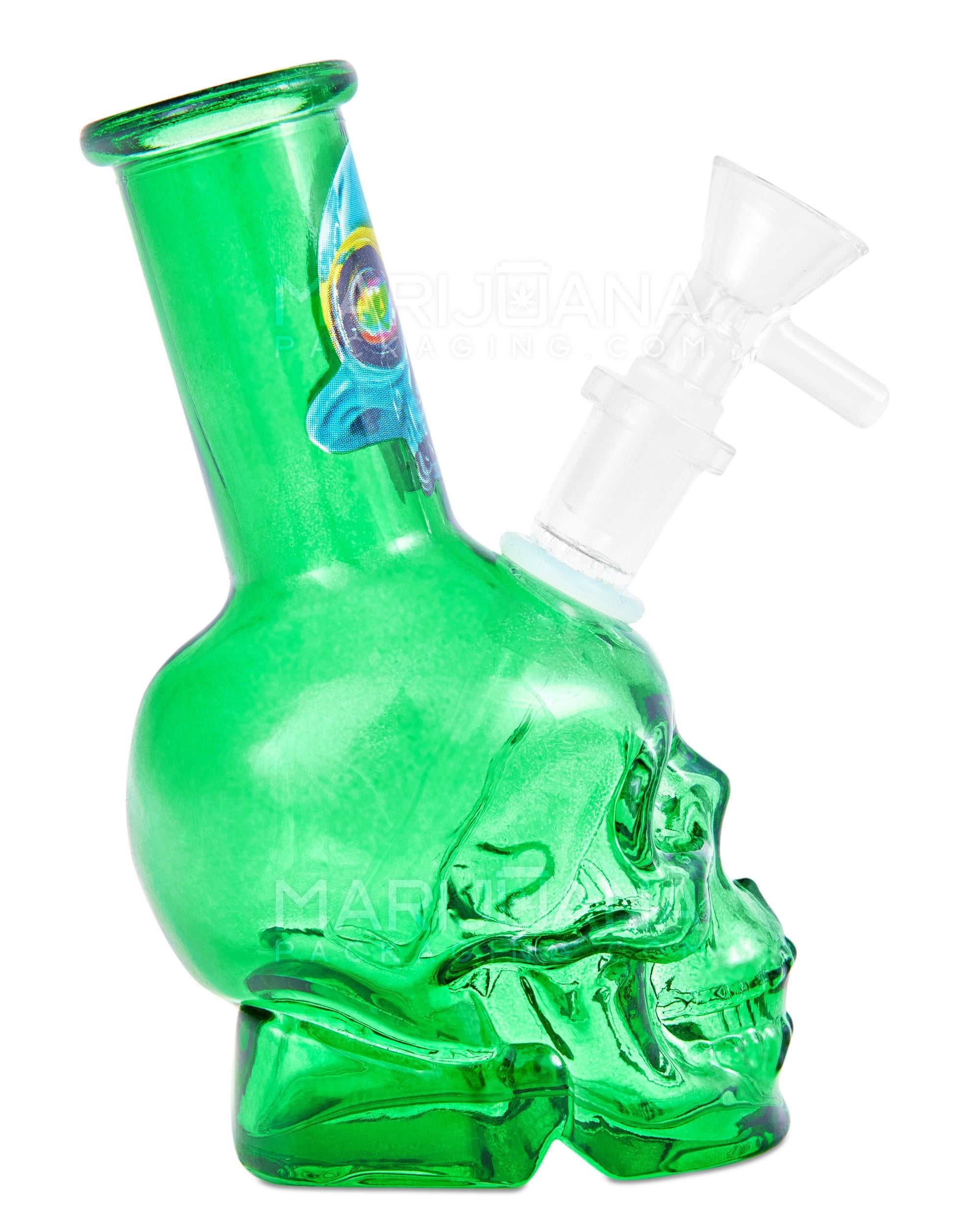 Angled Neck Crystal Skull Head Decal Glass Water Pipe | 6in Tall - 14mm Bowl - Assorted - 7
