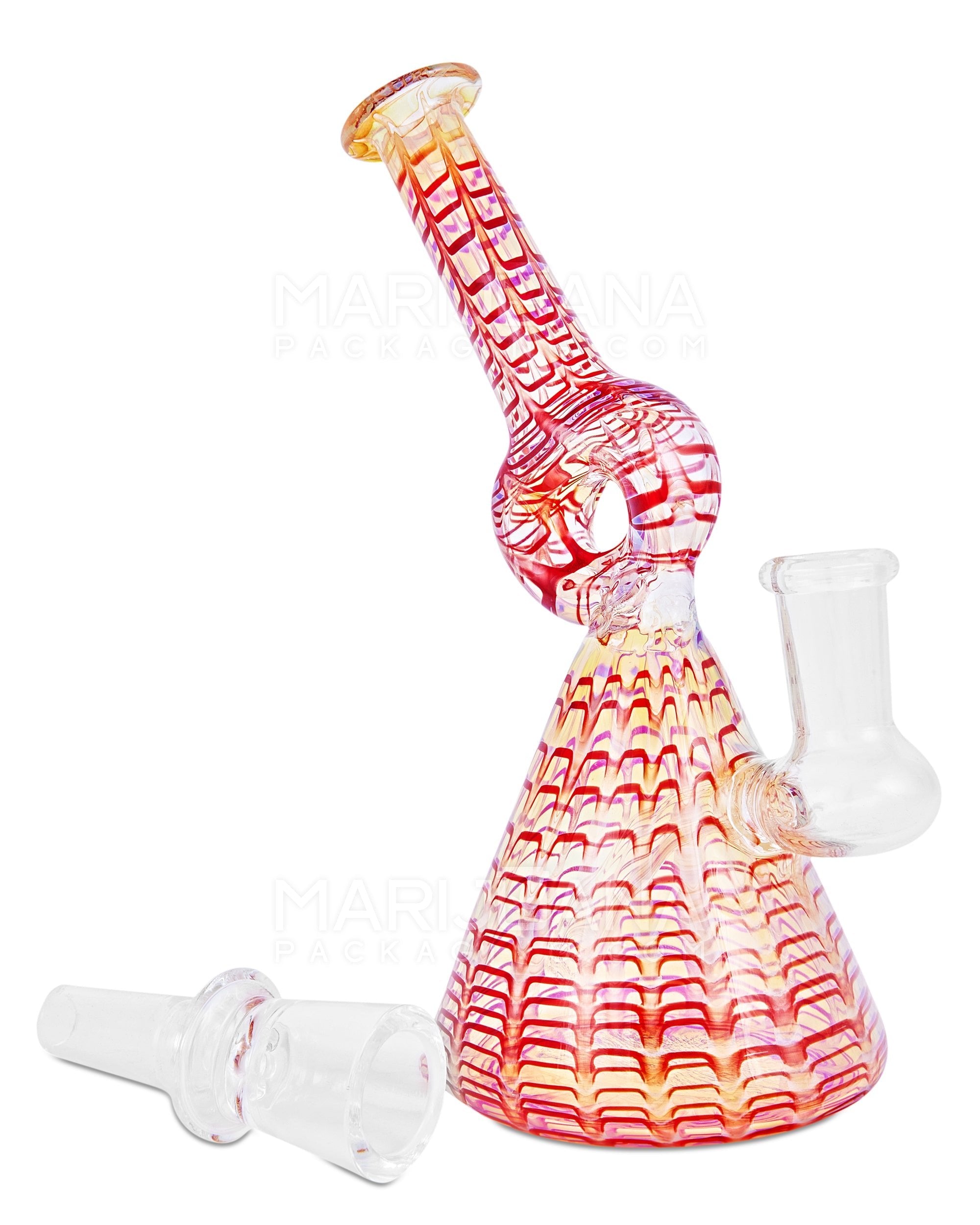Bent Donut Neck Raked & Gold Fumed Glass Beaker Water Pipe | 7in Tall - 14mm Bowl - Red - 2