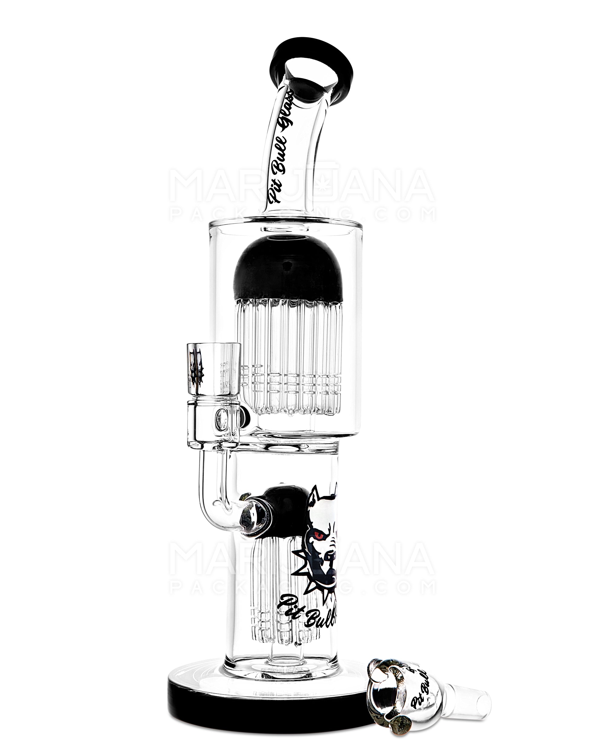 PIT BULL | Bent-Neck Double Tree Perc Glass Water Pipe w/ Thick Base | 12in Tall - 14mm Bowl - Black - 2