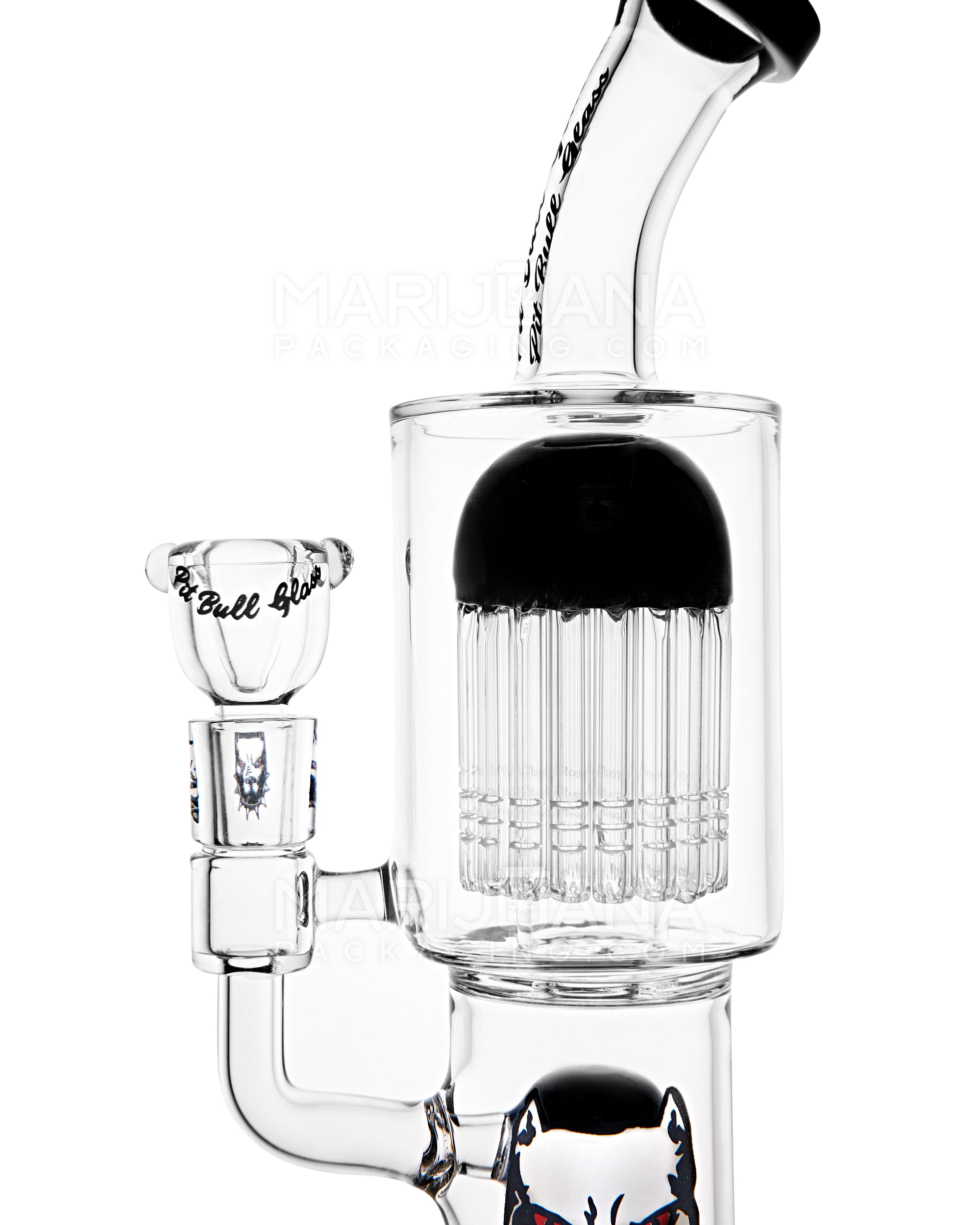 PIT BULL | Bent-Neck Double Tree Perc Glass Water Pipe w/ Thick Base | 12in Tall - 14mm Bowl - Black - 3