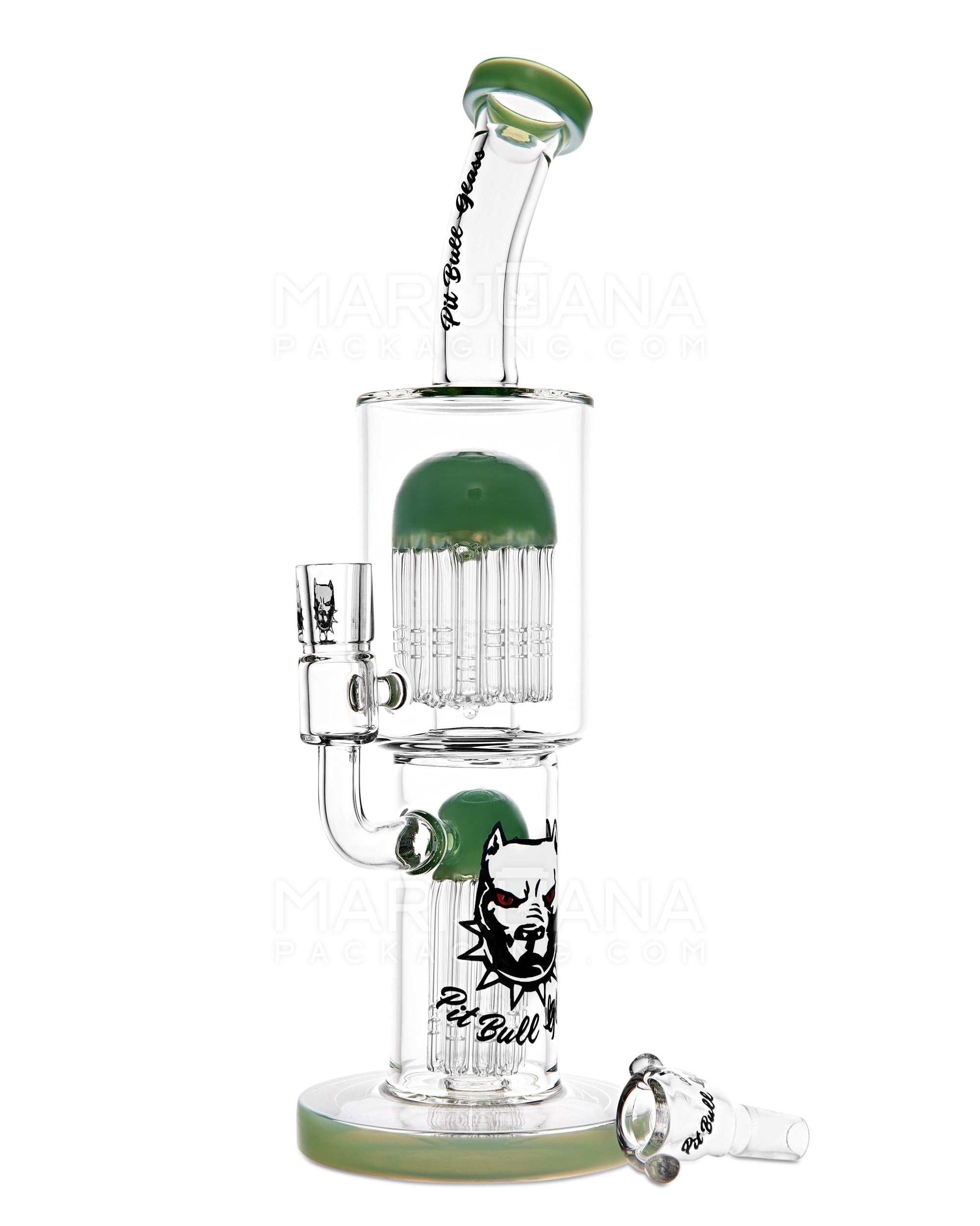 PIT BULL | Bent-Neck Double Tree Perc Glass Water Pipe w/ Thick Base | 12in Tall - 14mm Bowl - Jade - 2