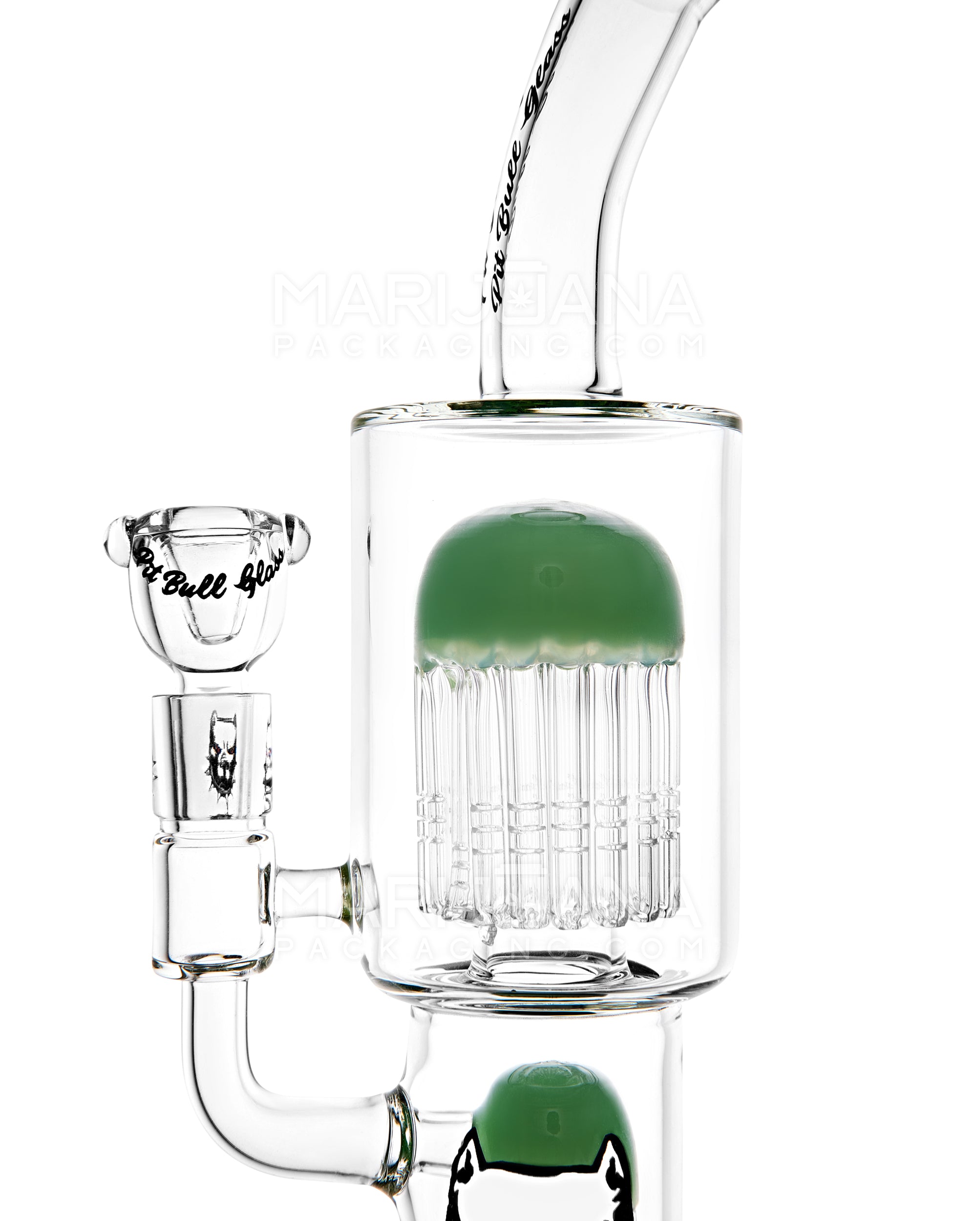 PIT BULL | Bent-Neck Double Tree Perc Glass Water Pipe w/ Thick Base | 12in Tall - 14mm Bowl - Jade - 3