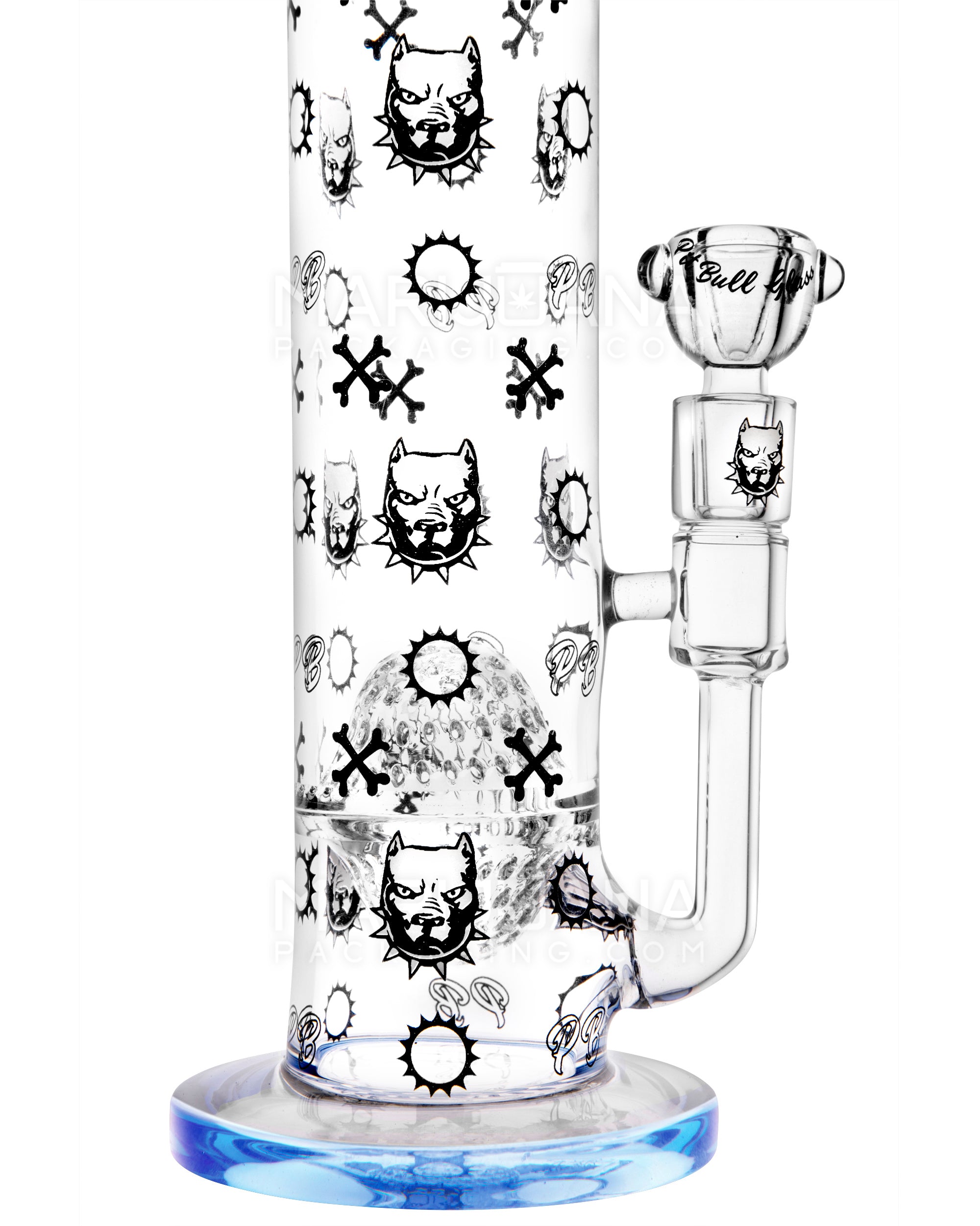 PIT BULL | Decal Straight Neck Honeycomb Sphere Perc Glass Water Pipe w/ Thick Base | 14in Tall - 14mm Bowl - Blue - 4