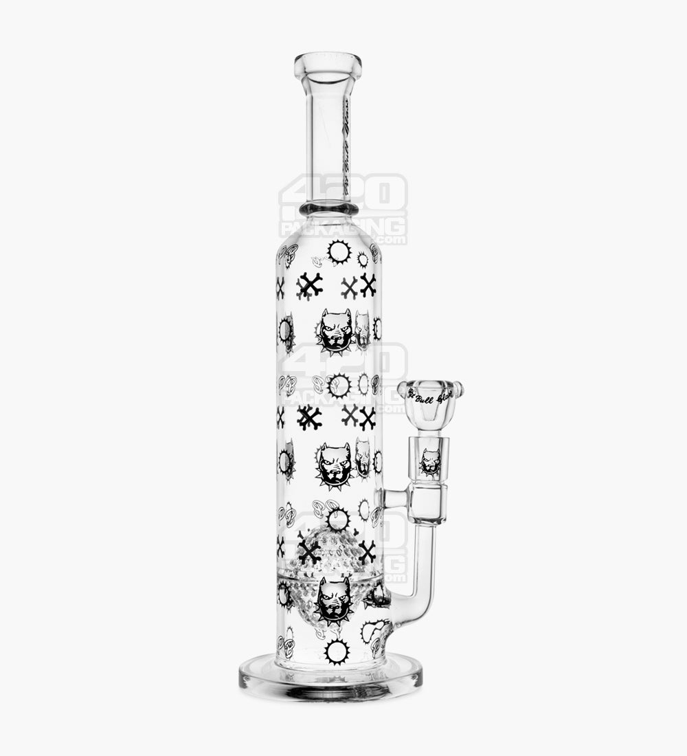 PIT BULL | Decal Straight Neck Honeycomb Sphere Perc Glass Water Pipe w/ Thick Base | 14in Tall - 14mm Bowl - Clear