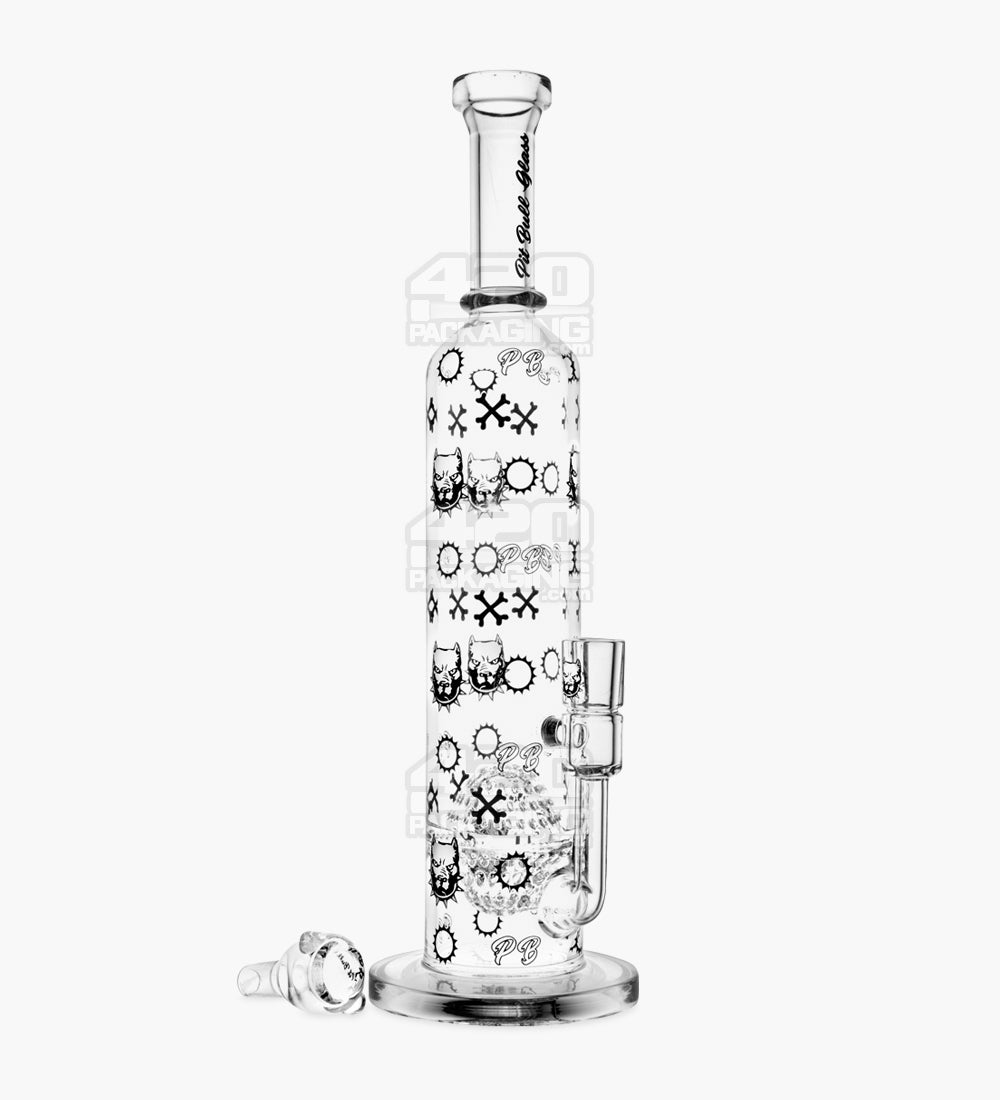 PIT BULL | Decal Straight Neck Honeycomb Sphere Perc Glass Water Pipe w/ Thick Base | 14in Tall - 14mm Bowl - Clear