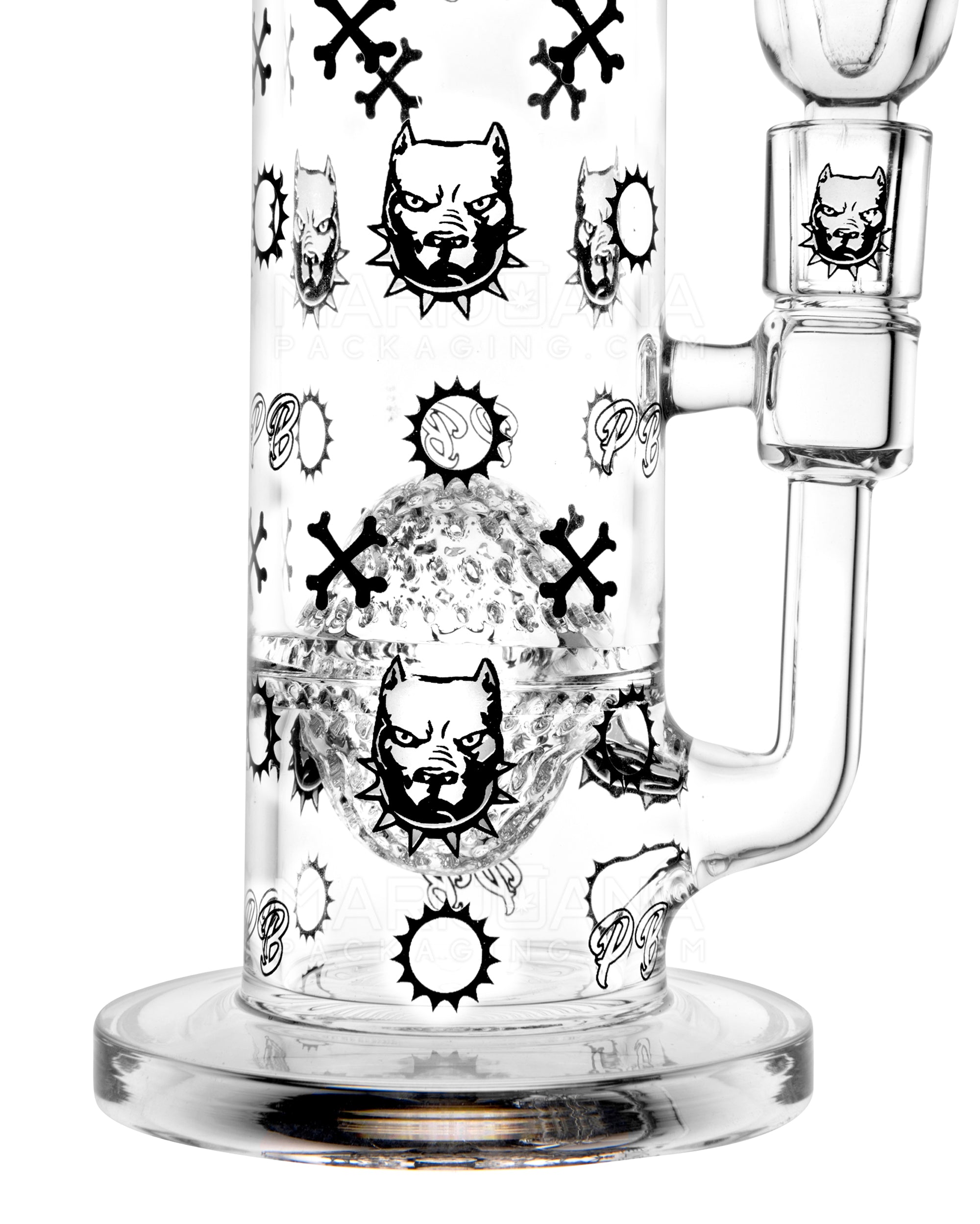 PIT BULL | Decal Straight Neck Honeycomb Sphere Perc Glass Water Pipe w/ Thick Base | 14in Tall - 14mm Bowl - Clear - 4