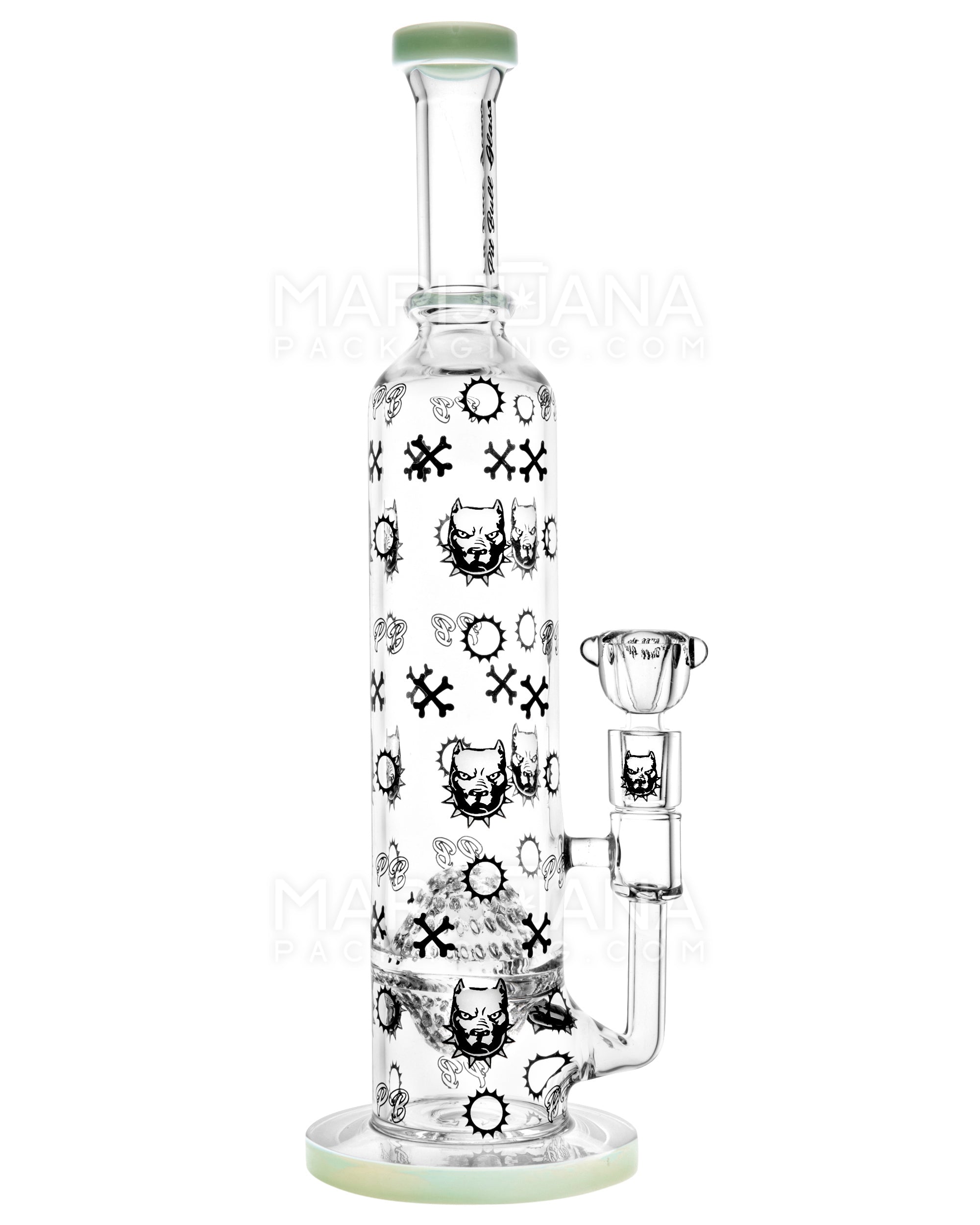 PIT BULL | Decal Straight Neck Honeycomb Sphere Perc Glass Water Pipe w/ Thick Base | 14in Tall - 14mm Bowl - Slime - 1