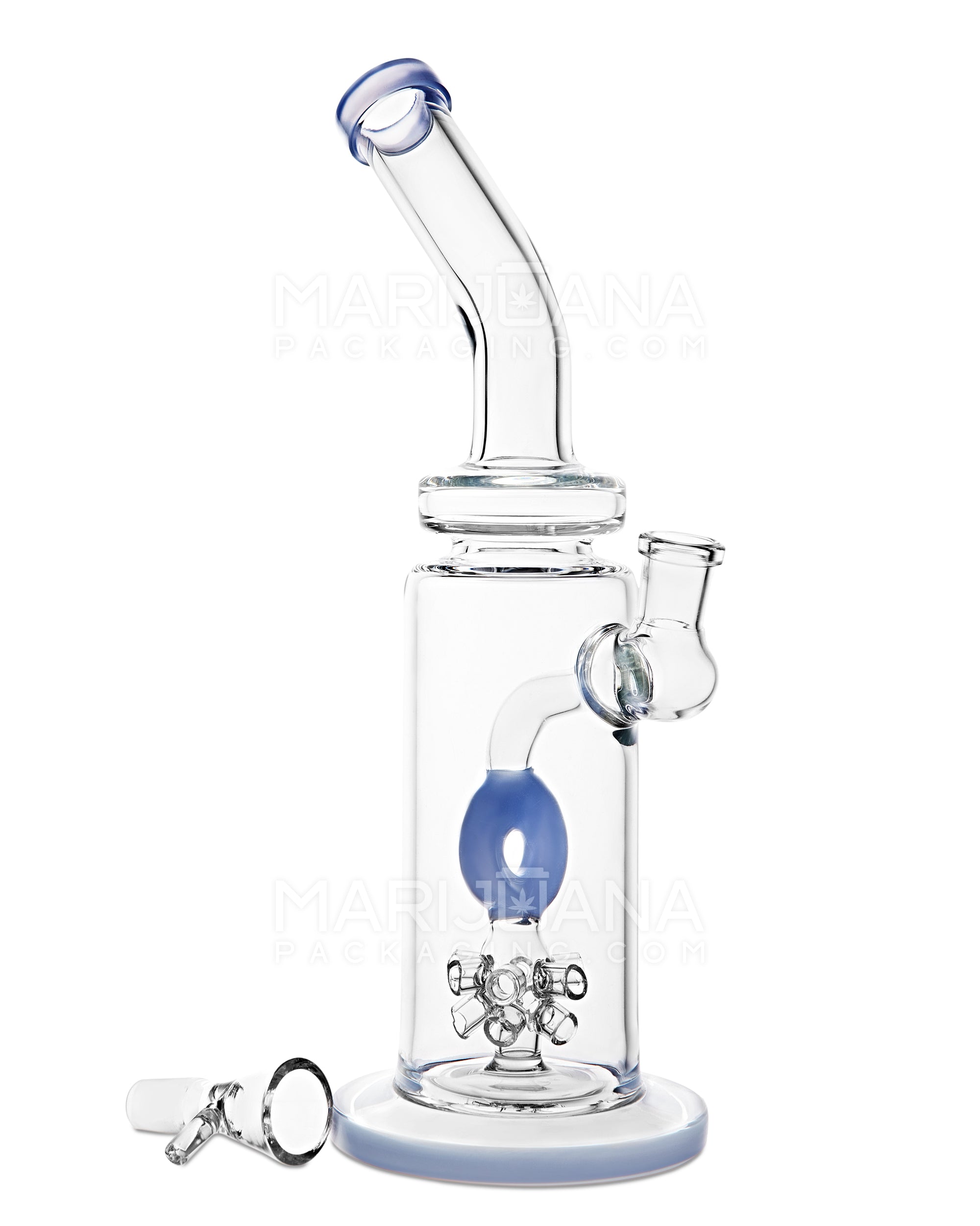 Bent Neck Atomic Donut Perc Glass Water Pipe w/ Thick Base | 11in Tall - 14mm Bowl - Milky Blue - 2