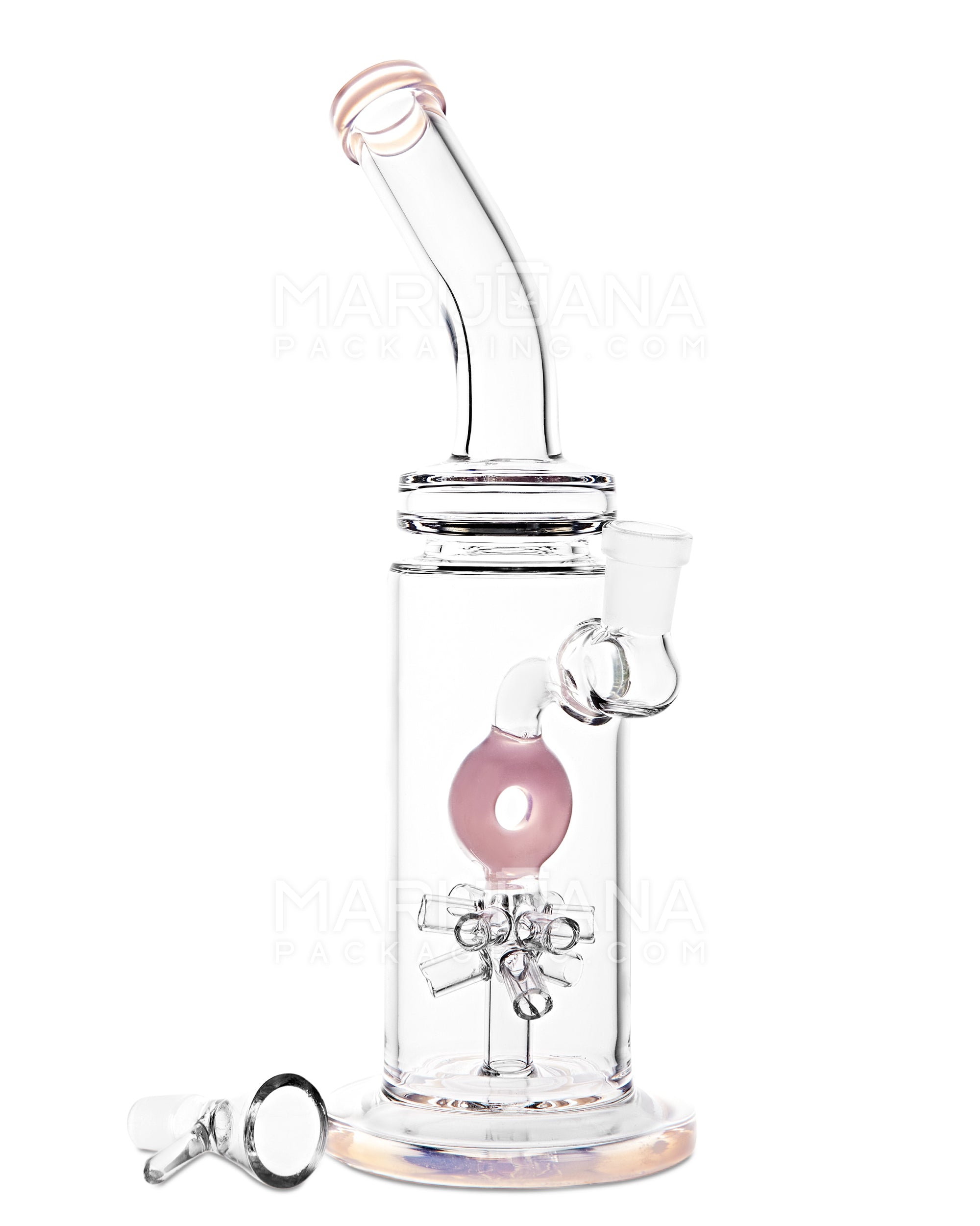 Bent Neck Atomic Donut Perc Glass Water Pipe w/ Thick Base | 11in Tall - 14mm Bowl - Pink - 2