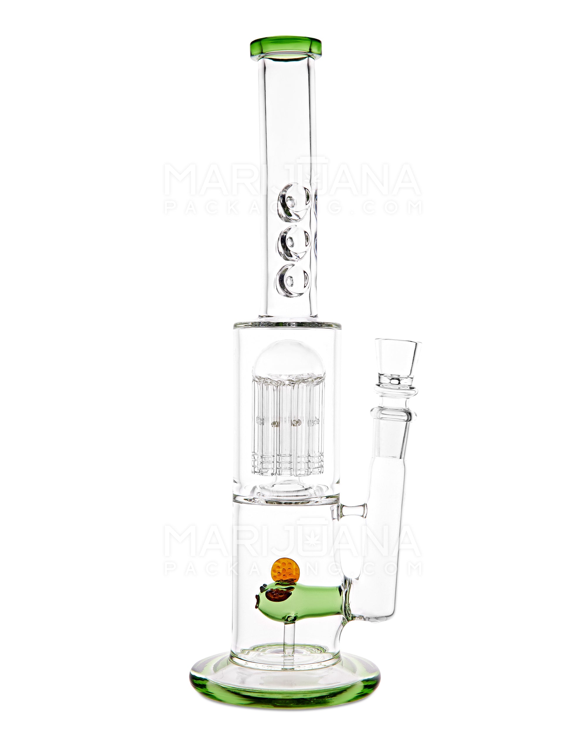 Double Chamber | Straight Neck Tree & Fish Perc Glass Water Pipe w/ Ice Catcher | 14in Tall - 18mm Bowl - Assorted - 1