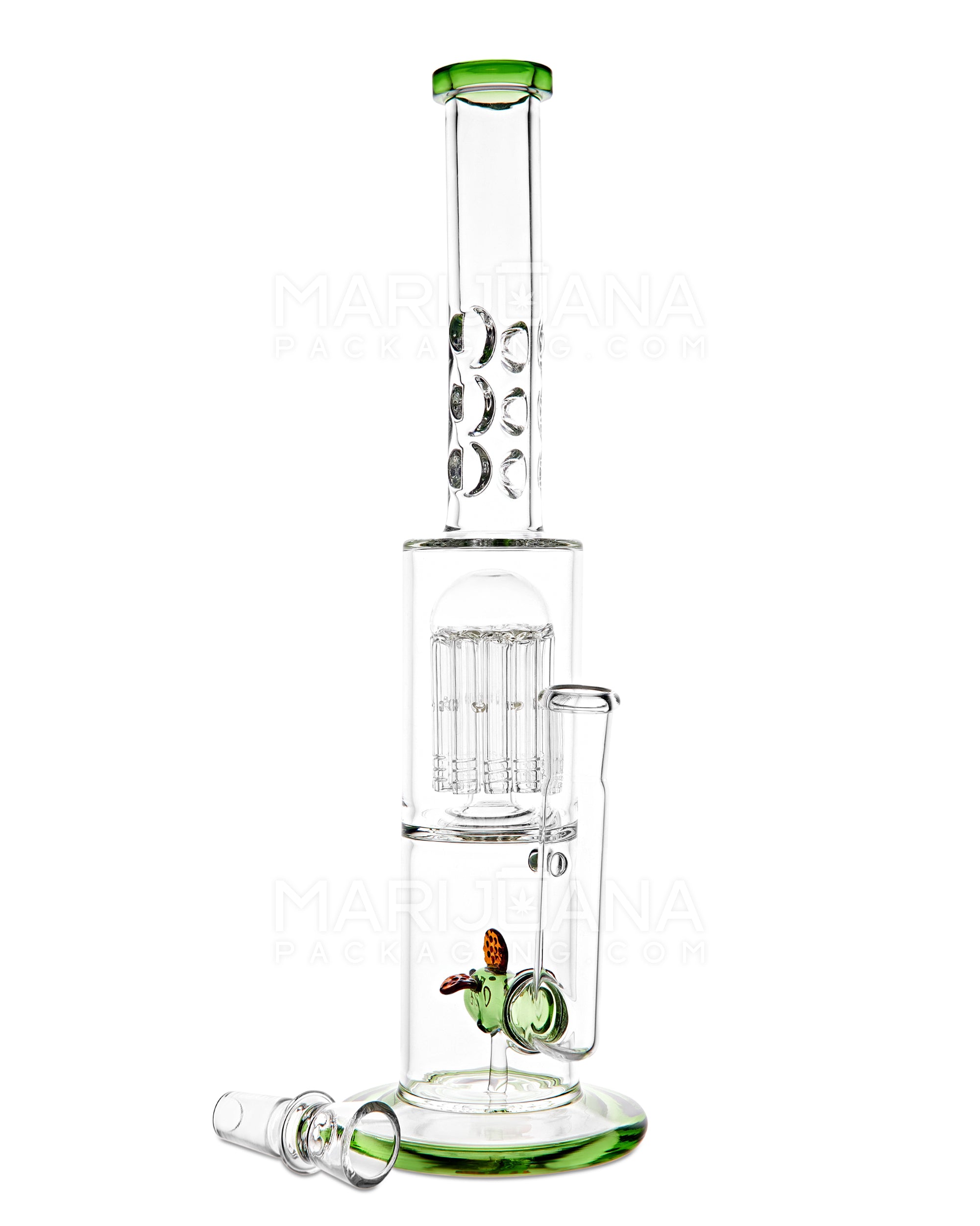 Double Chamber | Straight Neck Tree & Fish Perc Glass Water Pipe w/ Ice Catcher | 14in Tall - 18mm Bowl - Assorted - 2