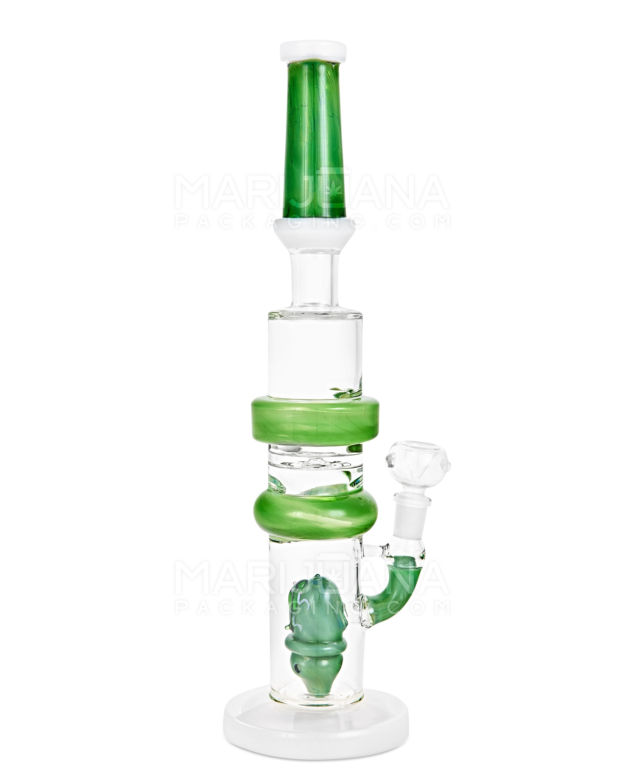 Straight Neck Frog Barrel Perc Glass Water Pipe w/ Ice Catcher | 14.5in Tall - 14mm Bowl - Green - 1
