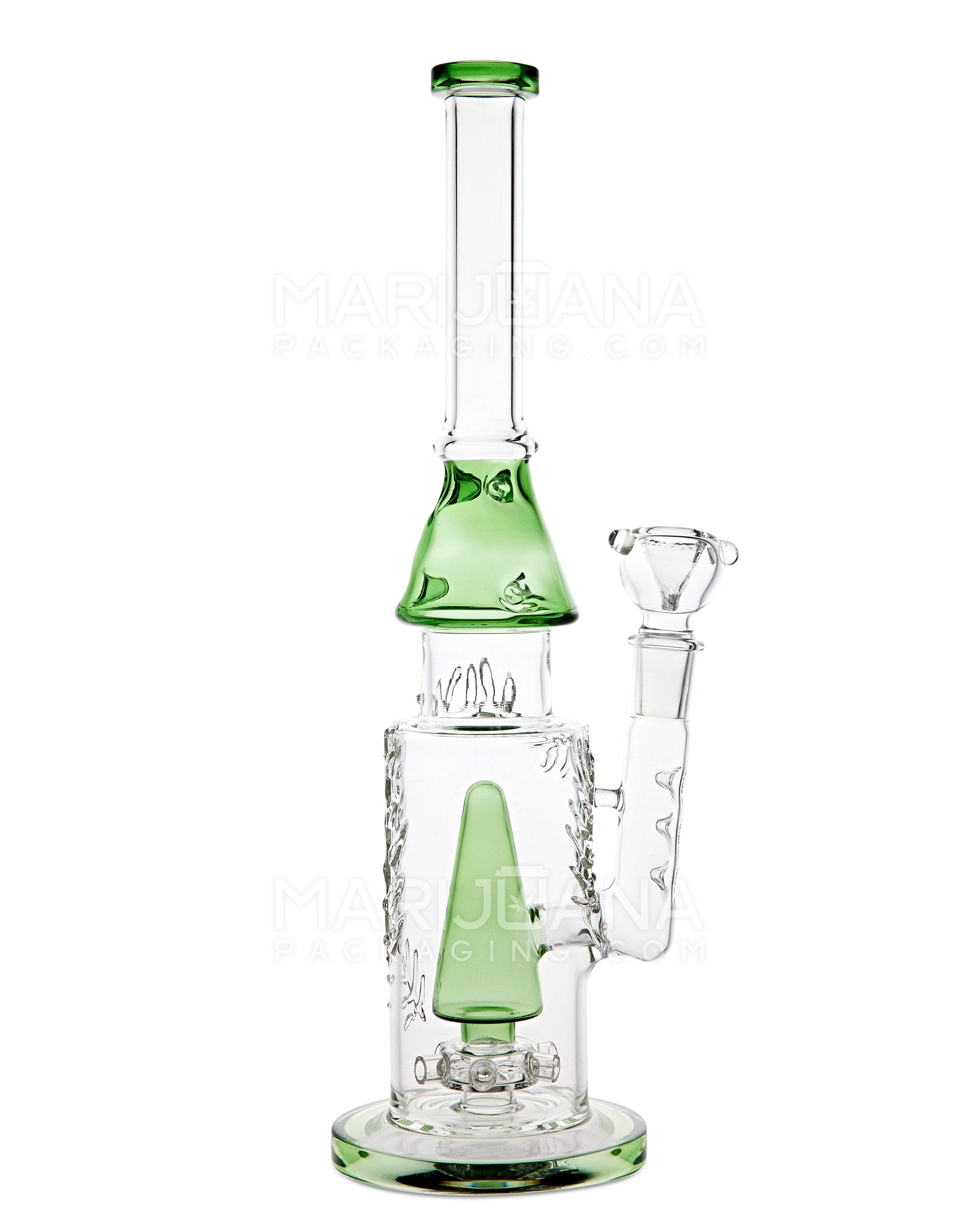 Straight Neck Showerhead Perc Olive Branch Glass Water Pipe w/ Ice Catcher & Thick Base | 15in Tall - 18mm Bowl - Green - 1