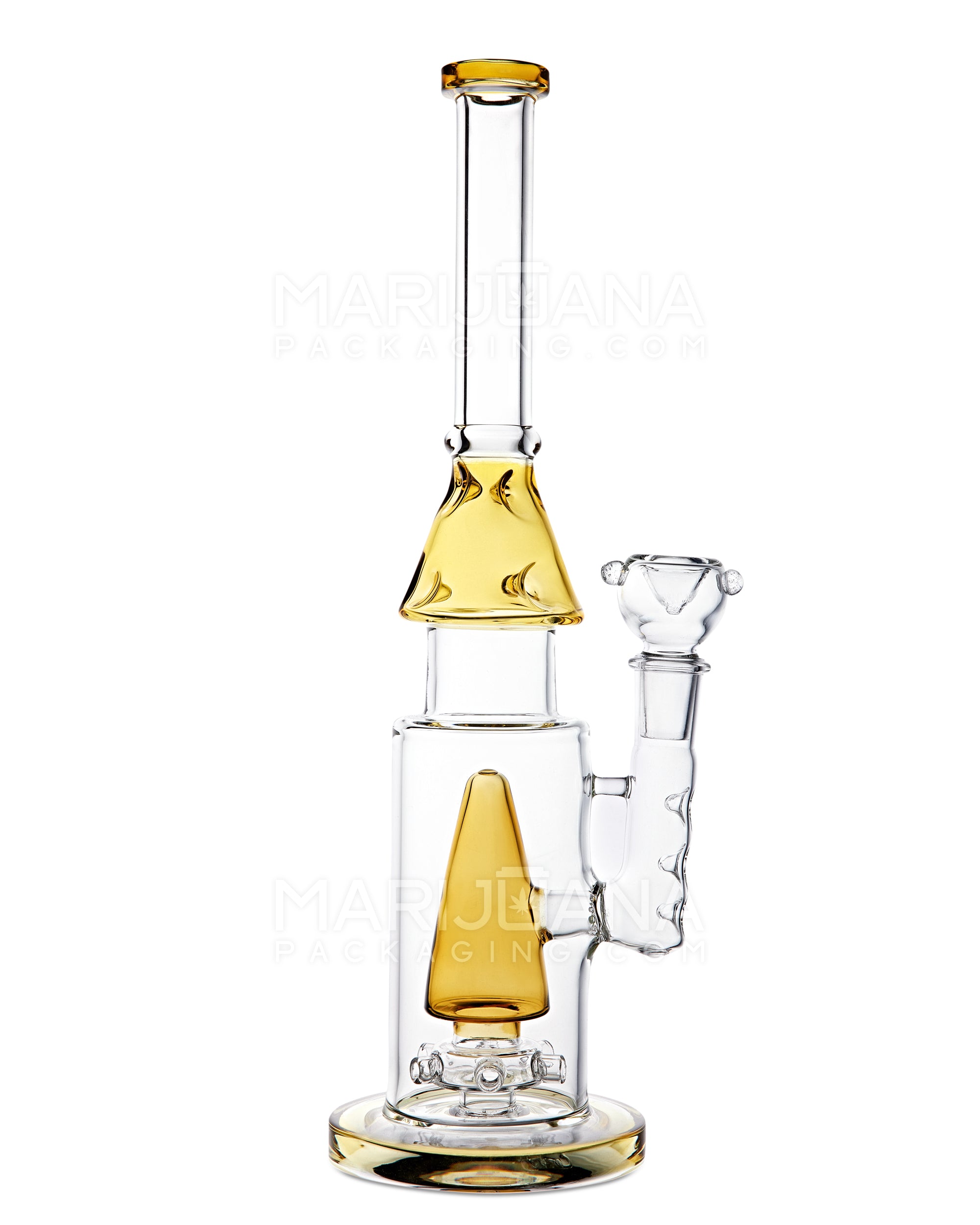 Straight Neck Showerhead Perc Glass Water Pipe w/ Ice Catcher & Thick Base | 15in Tall - 18mm Bowl - Yellow - 1