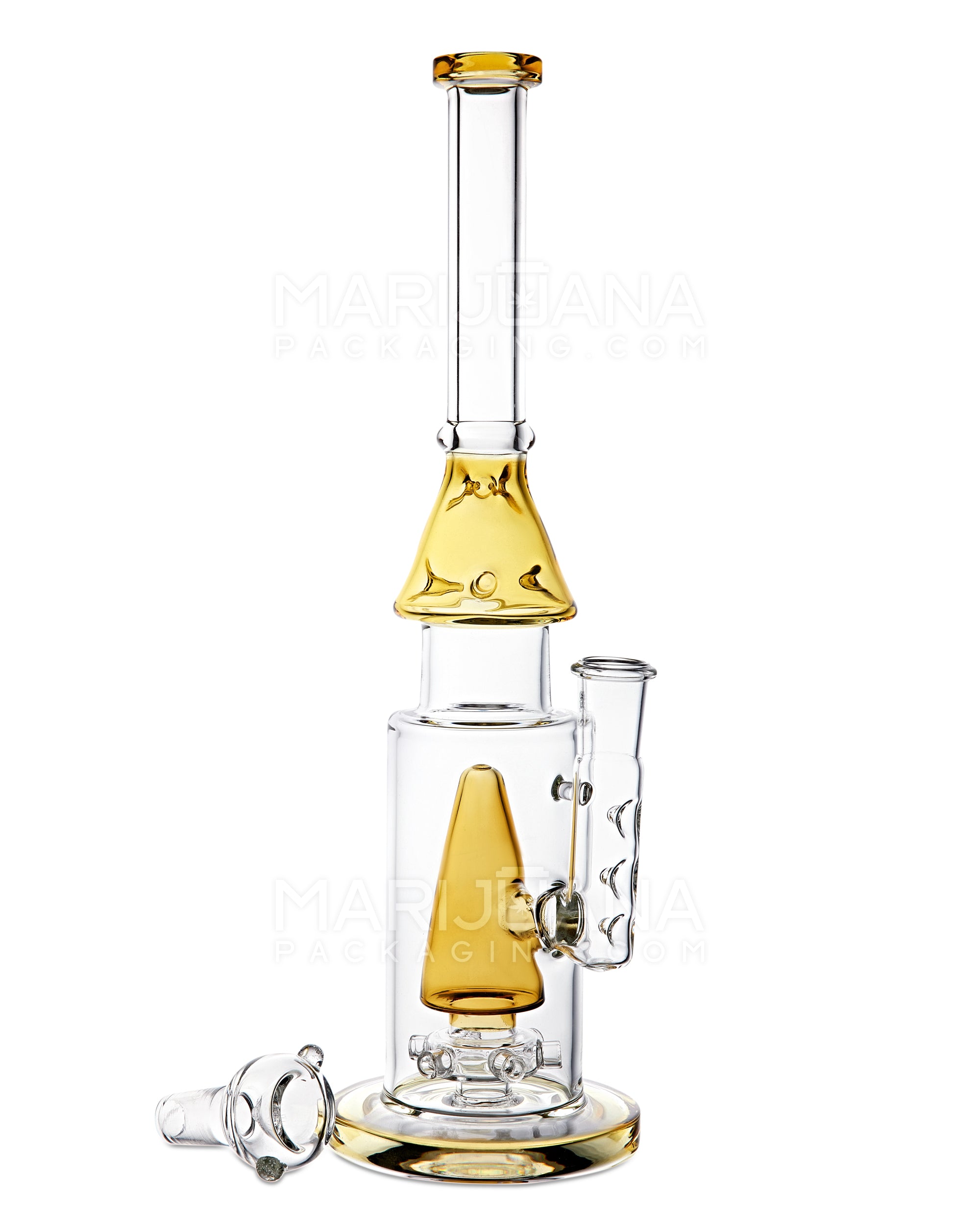 Straight Neck Showerhead Perc Glass Water Pipe w/ Ice Catcher & Thick Base | 15in Tall - 18mm Bowl - Yellow - 2