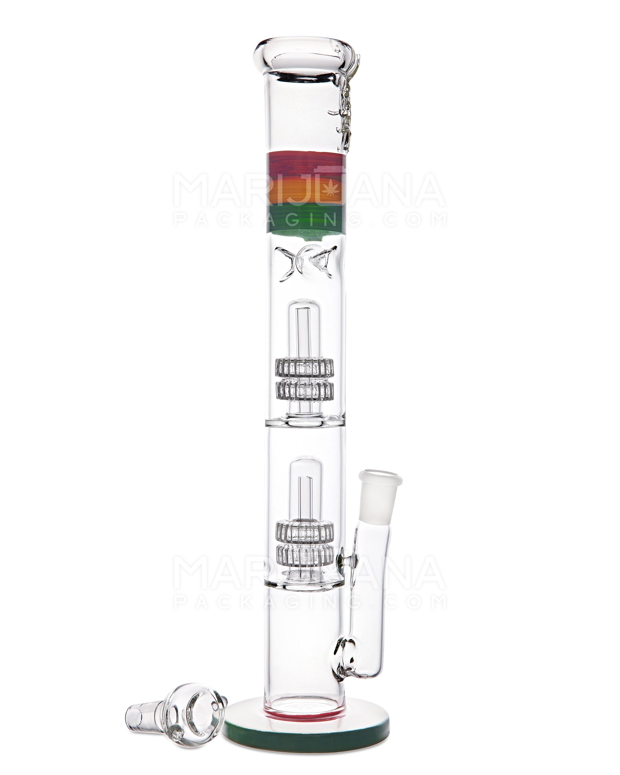 Double Chamber | Quad Matrix Perc Thick Glass Straight Water Pipe w/ Ice Catcher | 17in Tall - 18mm Bowl - Rasta - 2