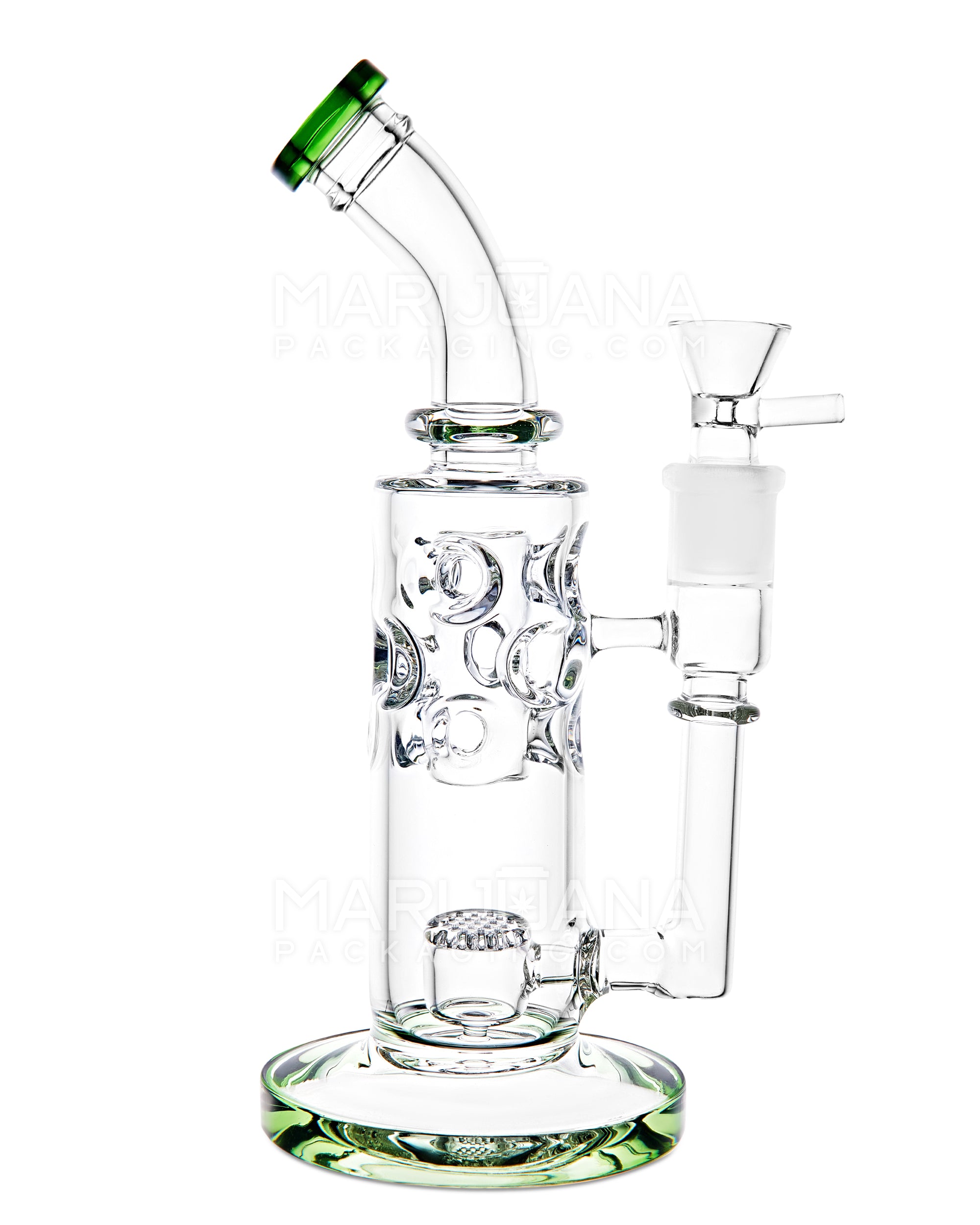 Bent Neck Honeycomb Perc Thick Glass Water Pipe w/ Ice Catcher | 10in Tall - 18mm Bowl - Green - 1