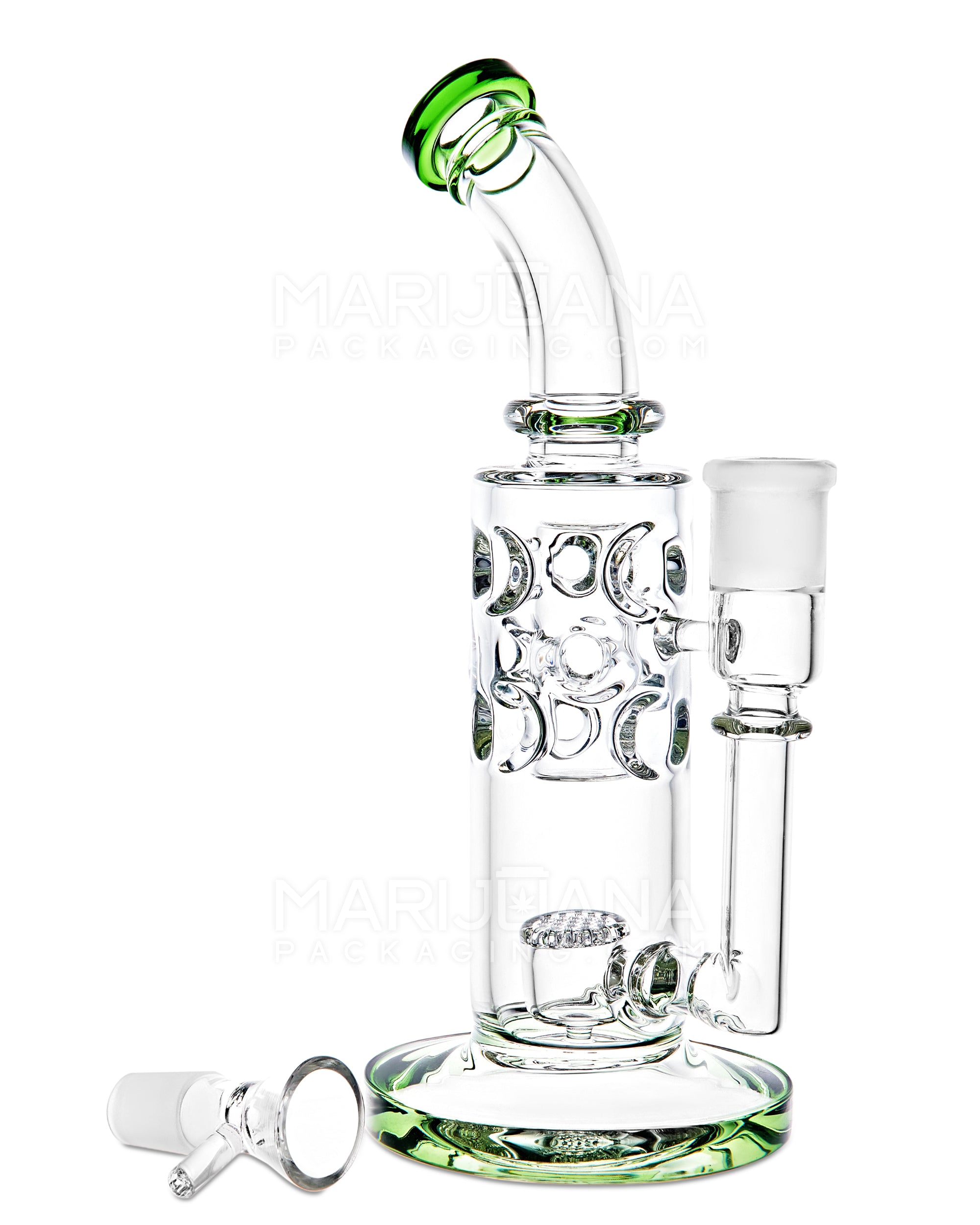 Bent Neck Honeycomb Perc Thick Glass Water Pipe w/ Ice Catcher | 10in Tall - 18mm Bowl - Green - 2