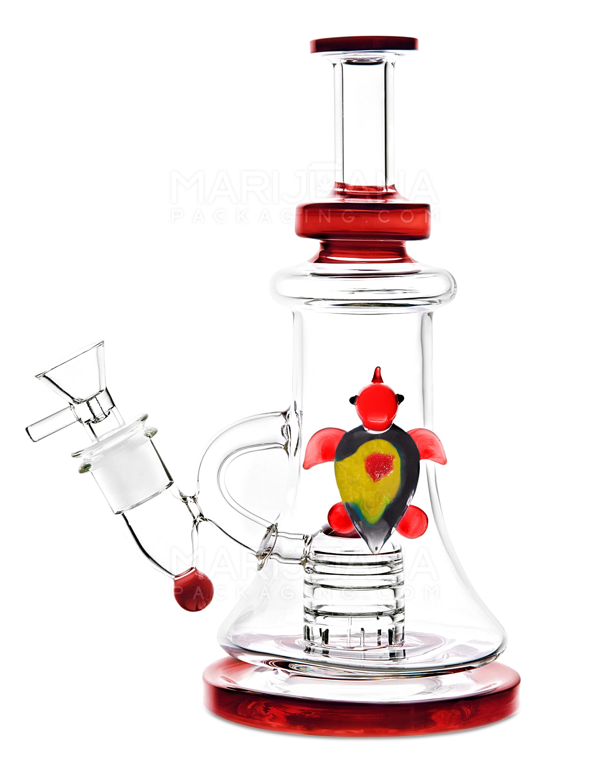 Straight Neck Showerhead Perc Glass Recycler Beaker Water Pipe w/ Glass Turtle & Thick Base | 8.5in Tall - 14mm - Red - 1