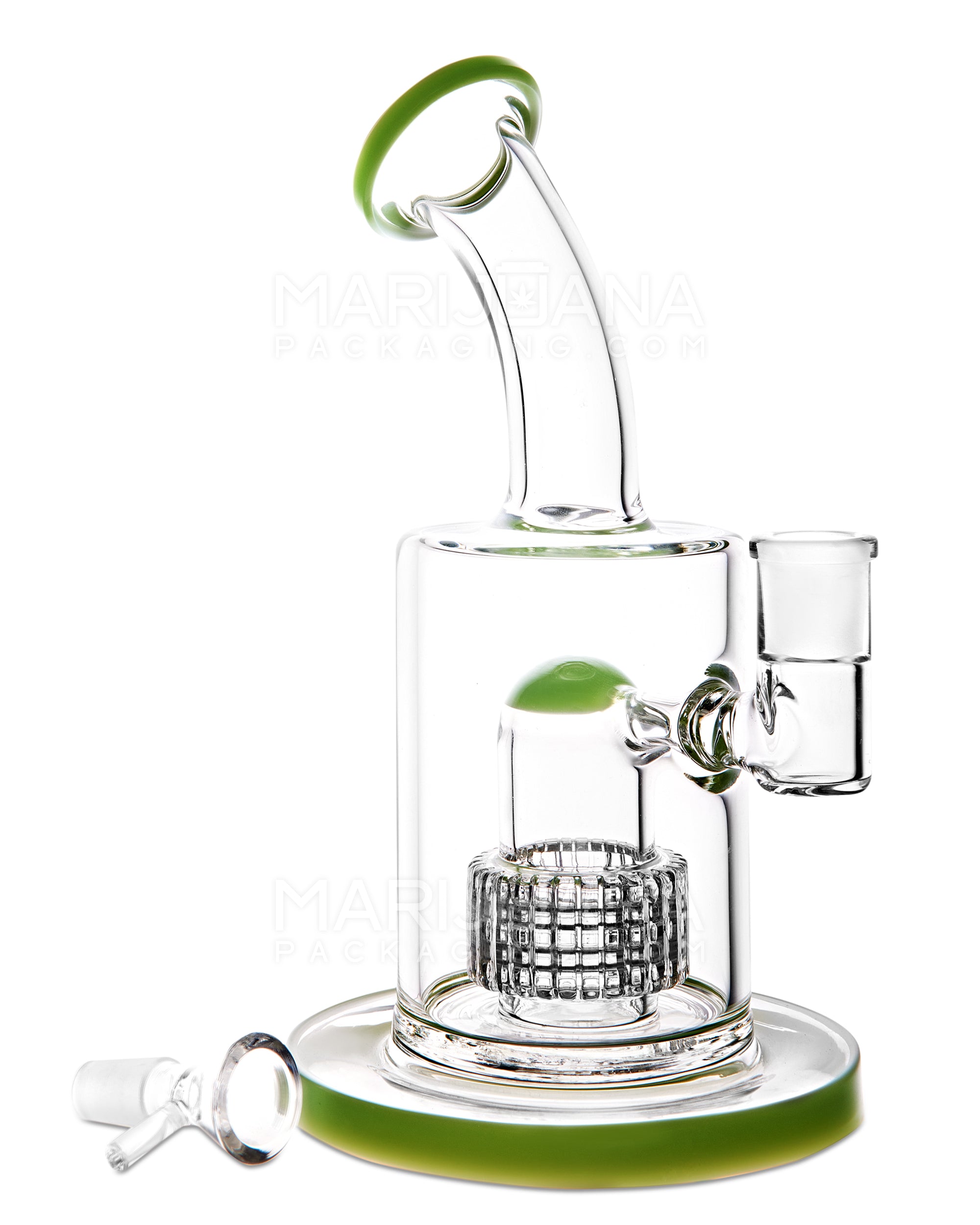 Bent Neck Matrix Perc Glass Water Pipe w/ Thick Base | 9in Tall - 14mm Bowl - Slime - 2
