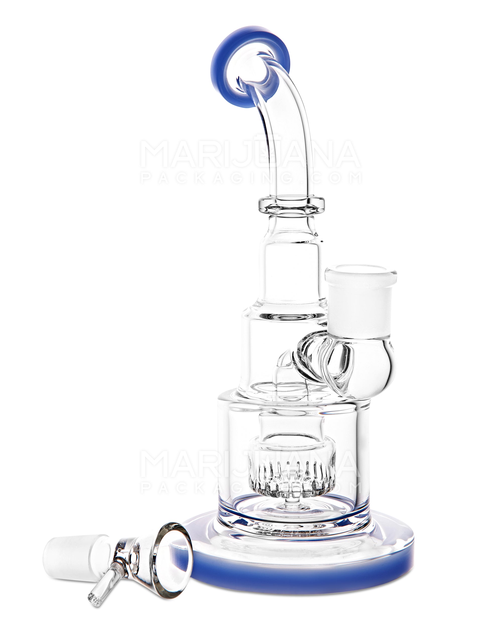Bent Neck Showerhead Perc Glass Water Pipe w/ Thick Base | 9in Tall - 18mm Bowl - Blue - 2
