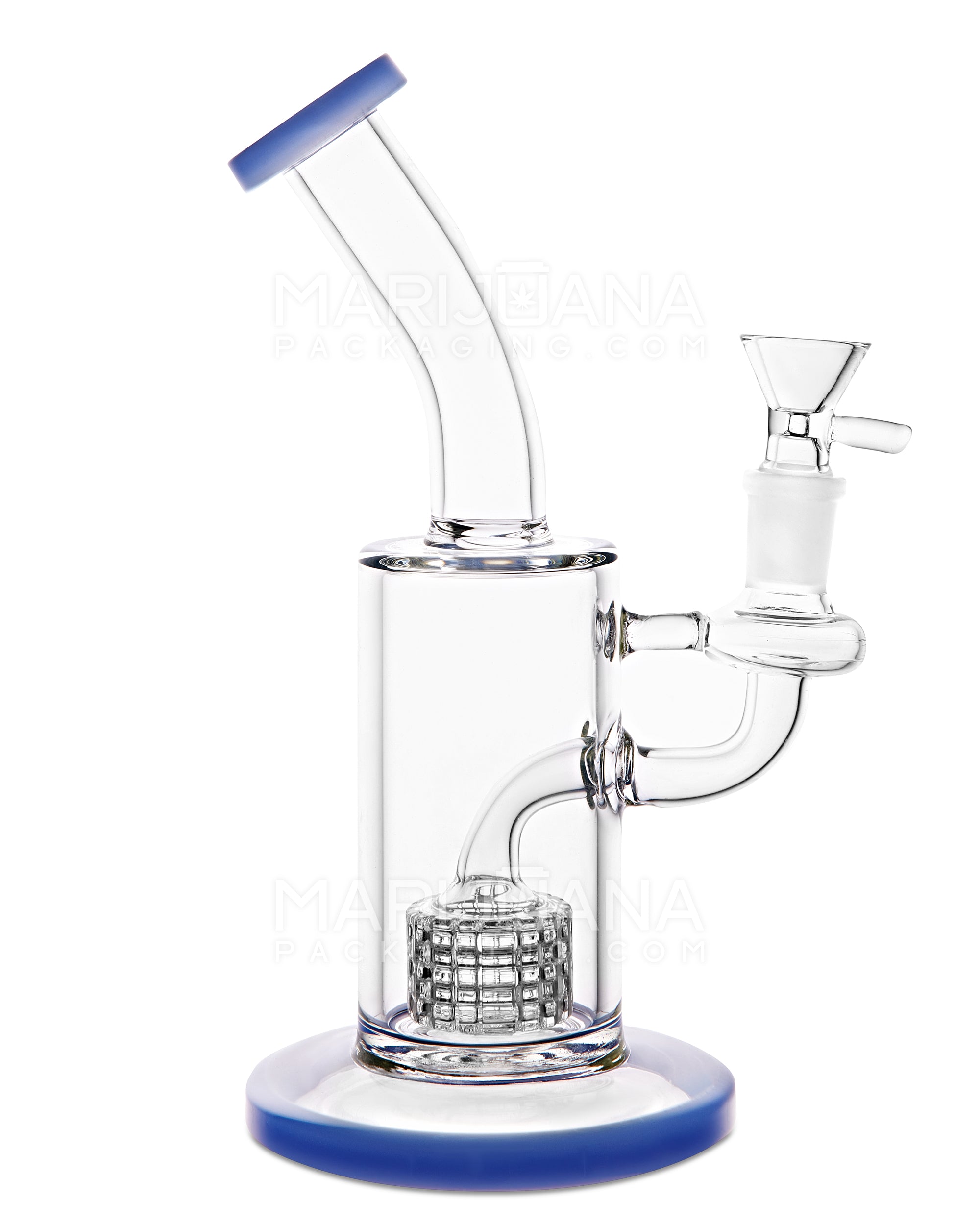 Bent Neck Matrix Perc Glass Water Pipe w/ Thick Base | 8.5in Tall - 14mm Bowl - Blue - 1