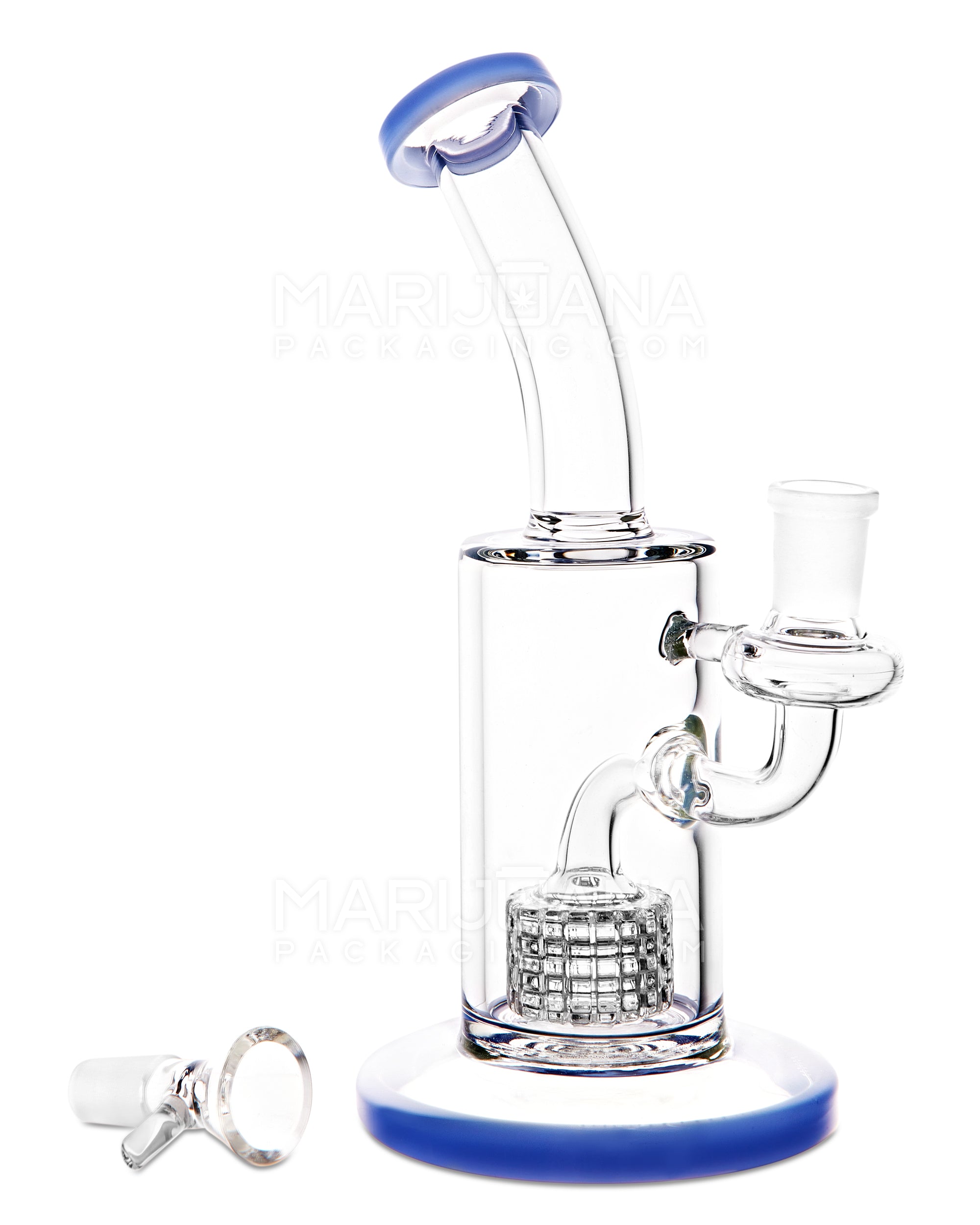 Bent Neck Matrix Perc Glass Water Pipe w/ Thick Base | 8.5in Tall - 14mm Bowl - Blue - 2