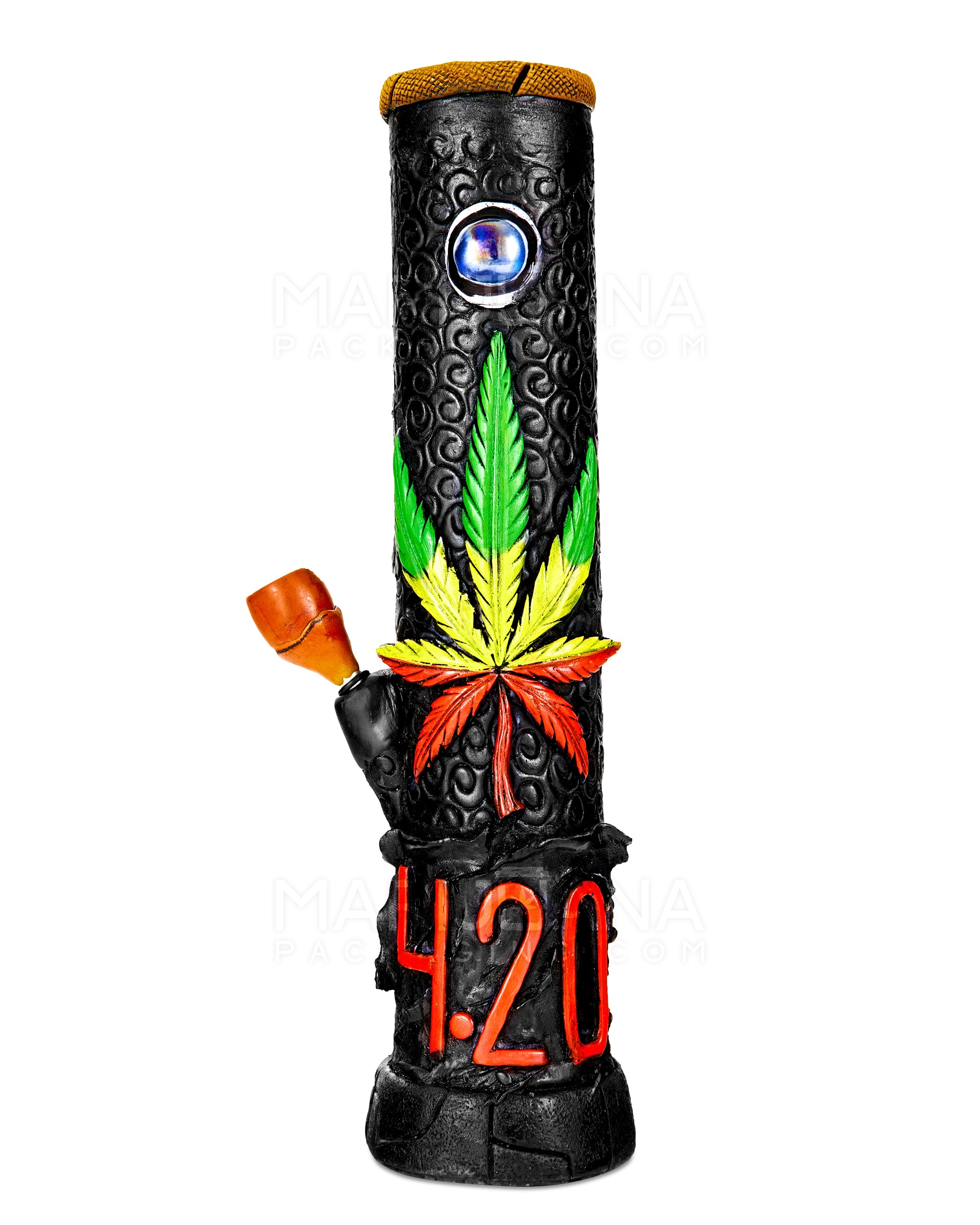 Straight Neck 420 Rasta Leaf Painted Wood Water Pipe w/ Iridescent Marble | 12in Tall - Wood Bowl - Rasta - 1