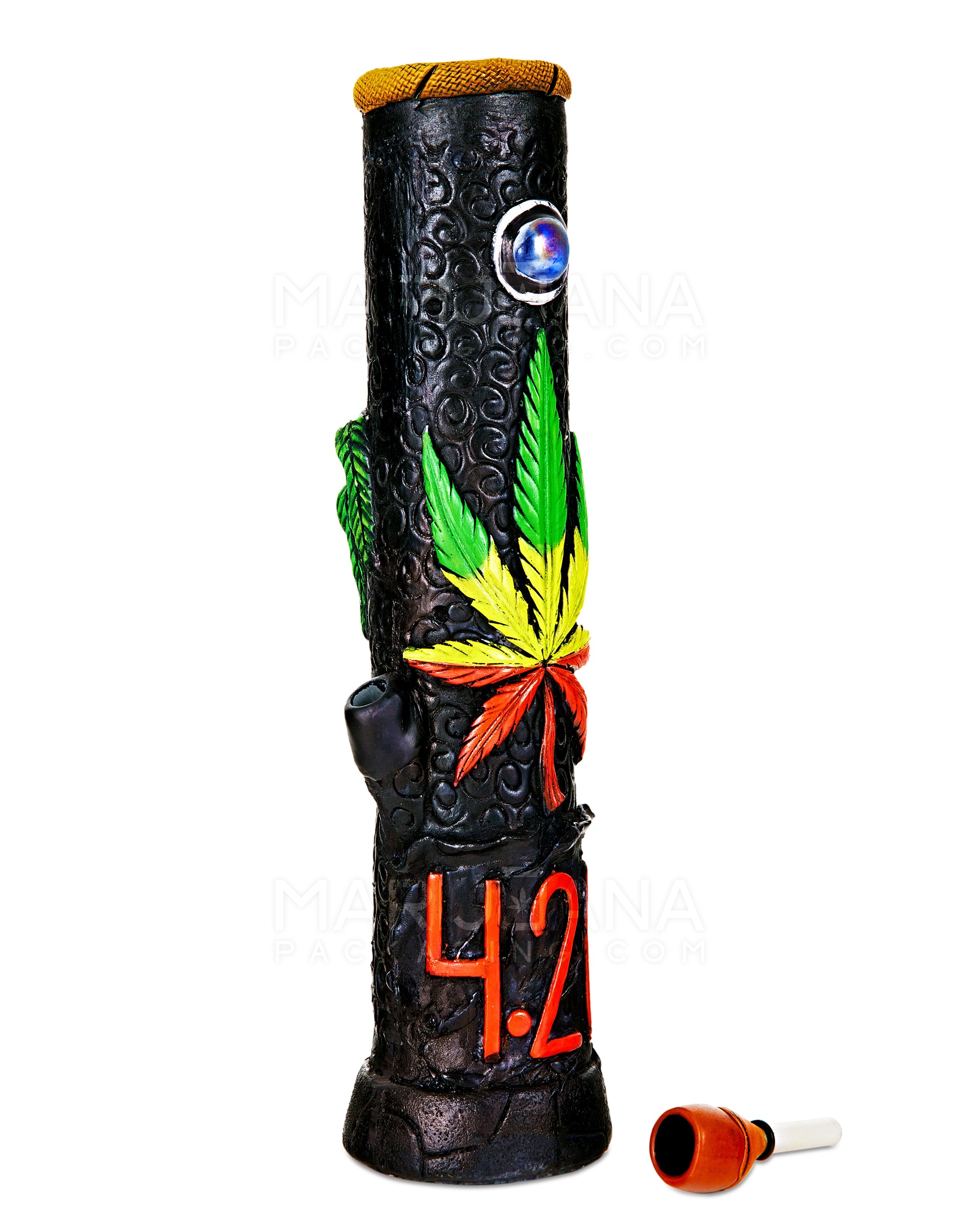 Straight Neck 420 Rasta Leaf Painted Wood Water Pipe w/ Iridescent Marble | 12in Tall - Wood Bowl - Rasta - 2