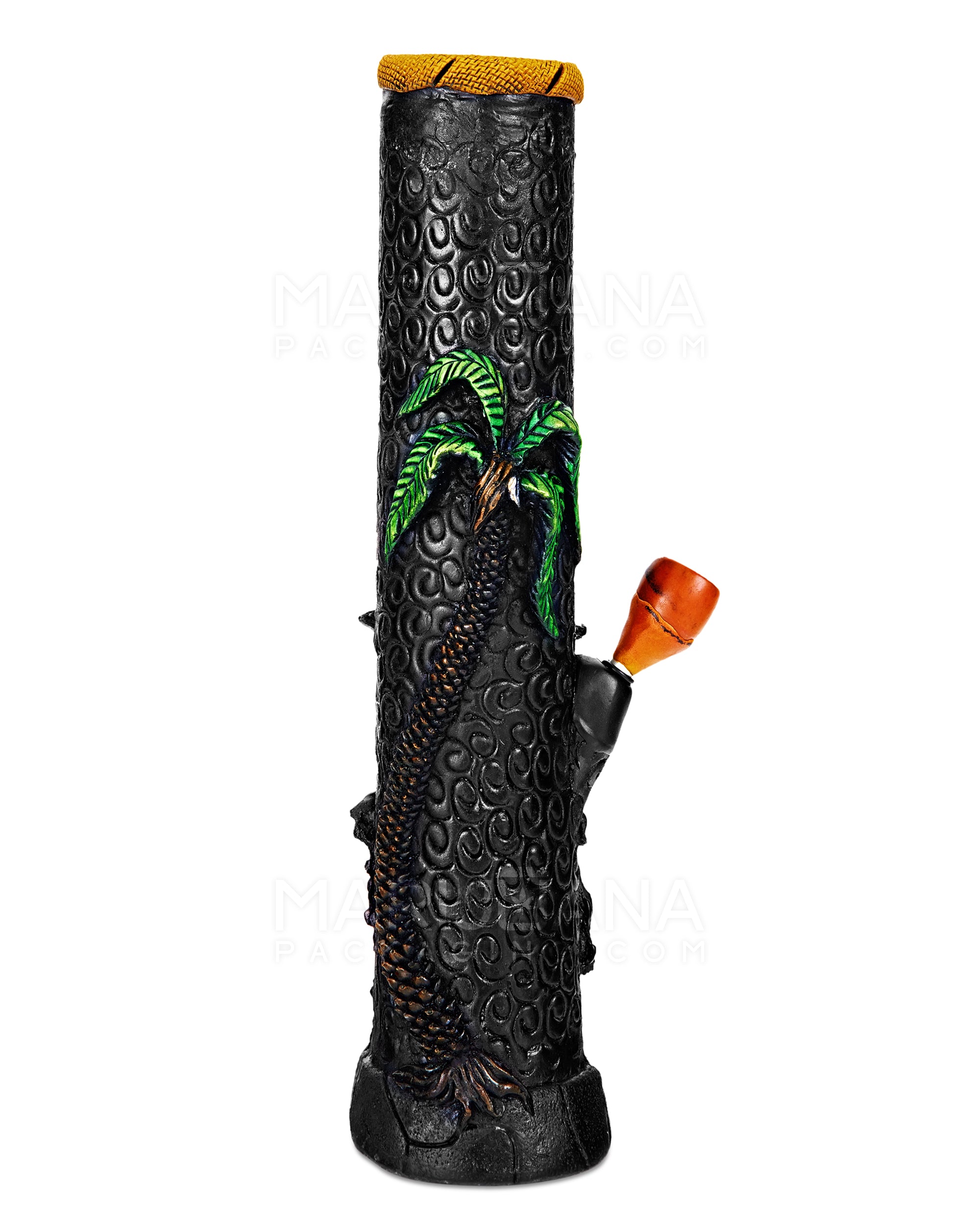 Straight Neck 420 Rasta Leaf Painted Wood Water Pipe w/ Iridescent Marble | 12in Tall - Wood Bowl - Rasta - 3