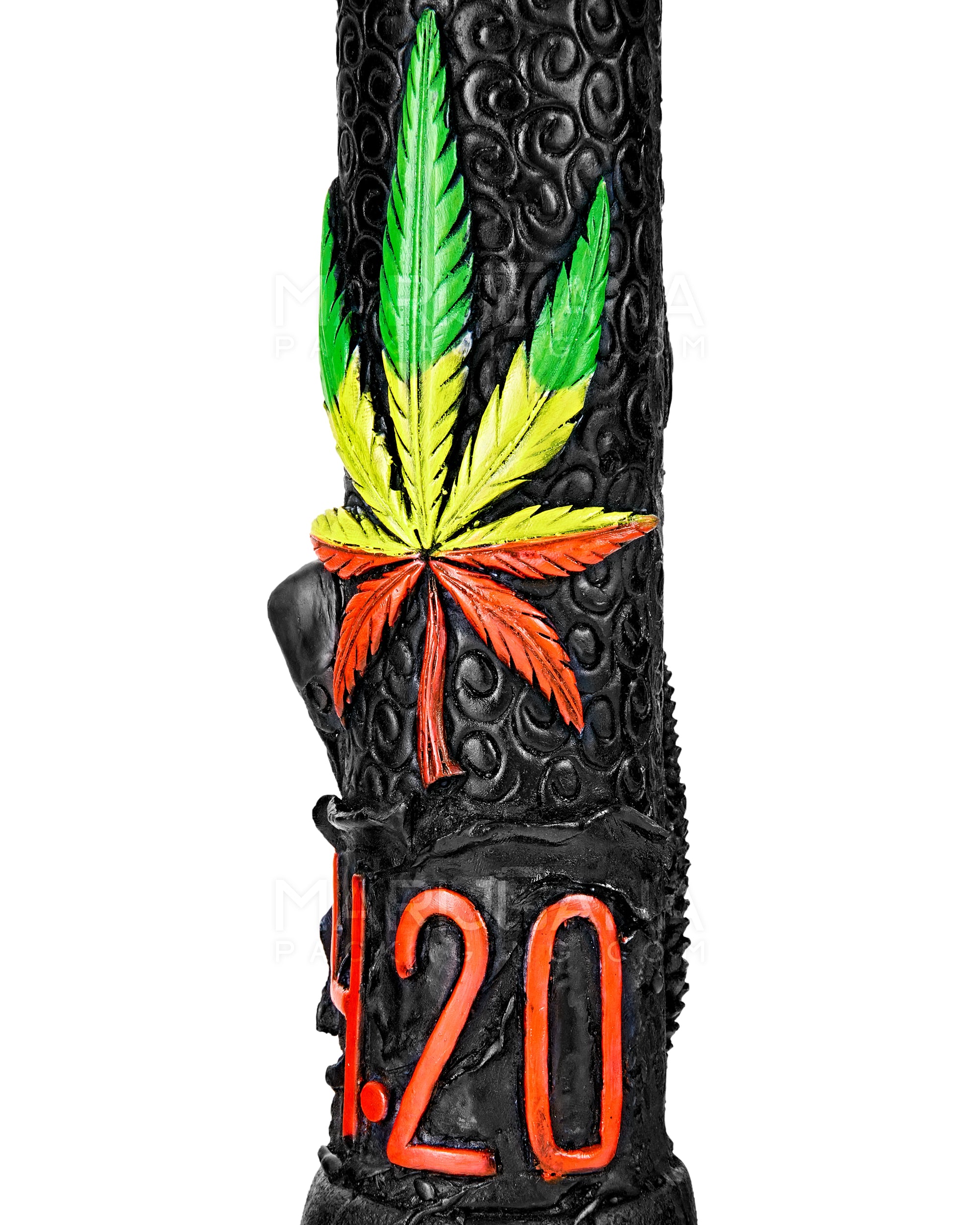 Straight Neck 420 Rasta Leaf Painted Wood Water Pipe w/ Iridescent Marble | 12in Tall - Wood Bowl - Rasta - 4