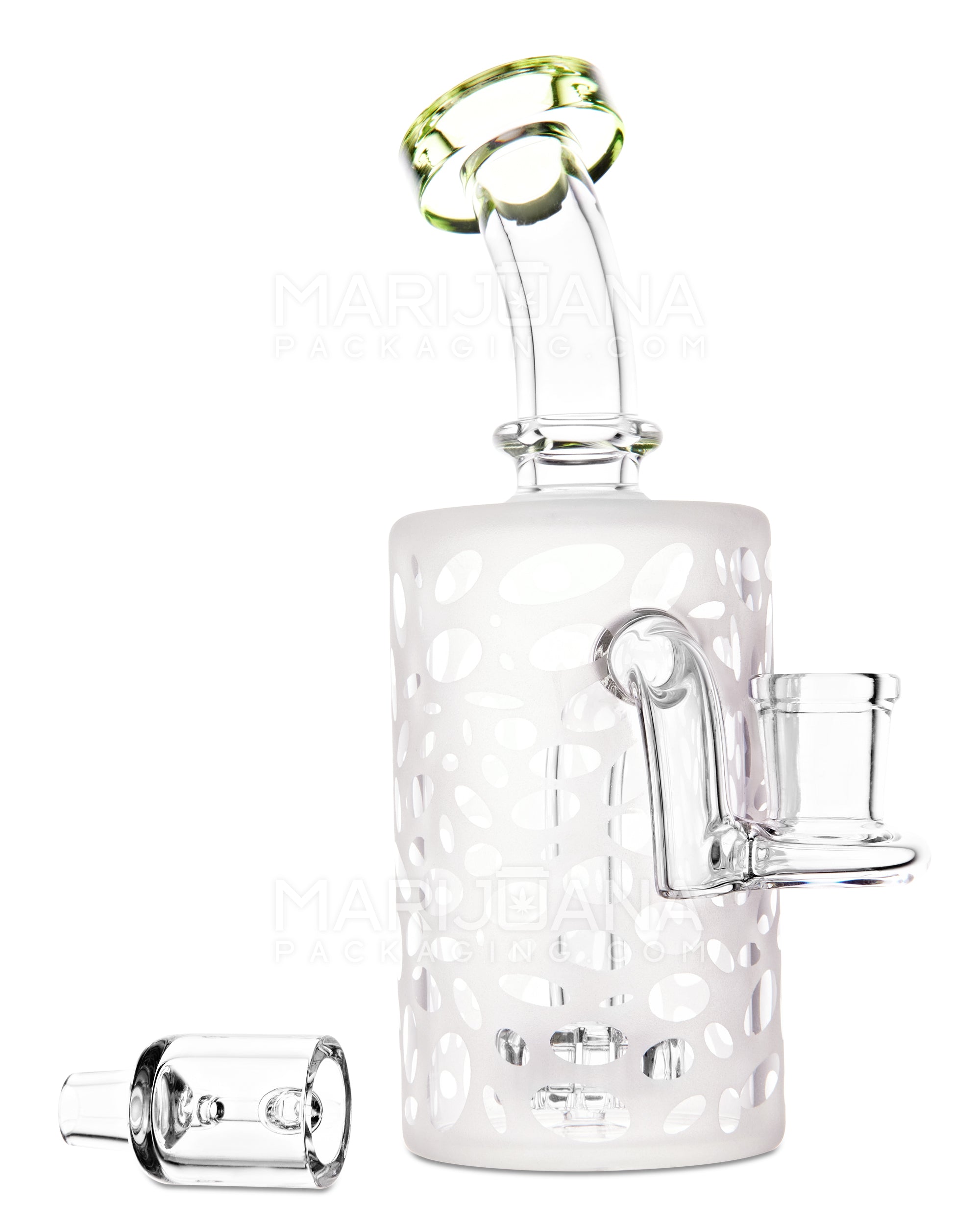 Bent Neck Showerhead Perc Sandblasted Glass Dab Rig w/ Thick Base | 6in Tall - 14mm Banger - Green - 3